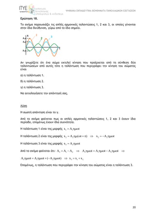 ΨΗΦΙΑΚΑ ΕΚΠΑΙΔΕΥΤΙΚΑ ΒΟΗΘΗΜΑΤΑ ΠΑΝΕΛΛΑΔΙΚΩΝ ΕΞΕΤΑΣΕΩΝ
20
Ερώτηση 18.
Το σχήμα παρουσιάζει τις απλές αρμονικές ταλαντώσεις 1, 2 και 3, οι οποίες γίνονται
στην ίδια διεύθυνση, γύρω από το ίδιο σημείο.
Αν γνωρίζετε ότι ένα σώμα εκτελεί κίνηση που προέρχεται από τη σύνθεση δύο
ταλαντώσεων από αυτές τότε η ταλάντωση που περιγράφει την κίνηση του σώματος
είναι
α) η ταλάντωση 1.
β) η ταλάντωση 2.
γ) η ταλάντωση 3.
Να αιτιολογήσετε την απάντησή σας.
Λύση
Η σωστή απάντηση είναι το γ.
Από το σχήμα φαίνεται πως οι απλές αρμονικές ταλαντώσεις 1, 2 και 3 έχουν ίδια
περίοδο, επομένως έχουν ίδια συχνότητα.
Η ταλάντωση 1 είναι της μορφής 1 1x A t 
Η ταλάντωση 2 είναι της μορφής 2 2 2 2x A ( t ) x A t        
Η ταλάντωση 3 είναι της μορφής 3 3x A t 
Από το σχήμα φαίνεται ότι: 3 1 2 3 1 2A A A A t A t A t        
3 1 2A t A t ( A t)       3 1 2x x x 
Επομένως, η ταλάντωση που περιγράφει την κίνηση του σώματος είναι η ταλάντωση 3.
 