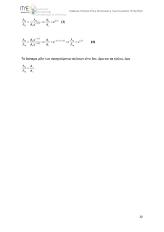 ΨΗΦΙΑΚΑ ΕΚΠΑΙΔΕΥΤΙΚΑ ΒΟΗΘΗΜΑΤΑ ΠΑΝΕΛΛΑΔΙΚΩΝ ΕΞΕΤΑΣΕΩΝ
30
Λ2Τ
Λ2Τ
0
2 0
0 0
2
Α Α Α
Α A Α
e
e
   (3)
Λ2Τ
Λ2Τ Λ4Τ Λ2Τ0
Λ4Τ
0
2 2 2
4 4 4
Α Α Α
Α Α
A e
e e
A e Α

 

     (4)
Τα δεύτερα μέλη των προηγούμενων σχέσεων είναι ίσα, άρα και τα πρώτα, άρα
0 2
2 4
Α Α
Α Α
 .
 