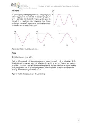 ΨΗΦΙΑΚΑ ΕΚΠΑΙΔΕΥΤΙΚΑ ΒΟΗΘΗΜΑΤΑ ΠΑΝΕΛΛΑΔΙΚΩΝ ΕΞΕΤΑΣΕΩΝ
37
Ερώτηση 33.
Η γραφική παράσταση της κινητικής ενέργειας ενός 
απλού  αρμονικού  ταλαντωτή  σε  συνάρτηση  με  το 
χρόνο φαίνεται στο διπλανό σχήμα. Αν τη χρονική 
στιγμή  t1 η  ταχύτητα  του σώματος  έχει  θετικό 
πρόσημο, η γραφική παράσταση της απομάκρυνσης 
σε συνάρτηση με το χρόνο είναι η
Να αιτιολογήσετε την απάντησή σας.
Λύση
Σωστή απάντηση είναι η (γ).
Από το διάγραμμα Κ = f(t) προκύπτει πως τη χρονική στιγμή  t = 0 το σώμα έχει Κ=0 , 
άρα βρίσκεται σε ακραία θέση της ταλάντωσής , x=+A ή  x= -A.  Επίσης την χρονική 
στιγμή t1 (t1=Τ/4) η κινητική ενέργεια είναι μέγιστη, δηλαδή το σώμα διέρχεται από τη 
θέση ισορροπίας του με μέγιστη ταχύτητα η οποία σύμφωνα με την εκφώνηση είναι 
θετική. Άρα το σώμα ξεκινά από x= -A.
Άρα το σωστό διάγραμμα, x = f(t), είναι το γ. 
 