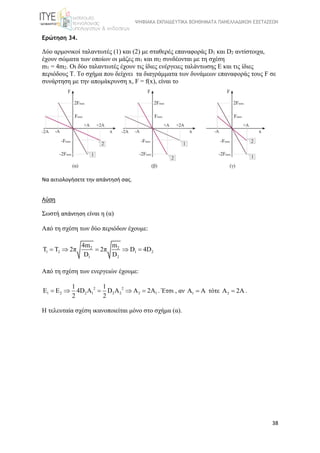 ΨΗΦΙΑΚΑ ΕΚΠΑΙΔΕΥΤΙΚΑ ΒΟΗΘΗΜΑΤΑ ΠΑΝΕΛΛΑΔΙΚΩΝ ΕΞΕΤΑΣΕΩΝ
38
Ερώτηση 34.
Δύο αρμονικοί ταλαντωτές (1) και (2) με σταθερές επαναφοράς D1 και D2 αντίστοιχα, 
έχουν σώματα των οποίων οι μάζες m1 και m2 συνδέονται με τη σχέση 
m1 = 4m2. Οι δύο ταλαντωτές έχουν τις ίδιες ενέργειες ταλάντωσης Ε και τις ίδιες 
περιόδους Τ. Το σχήμα που δείχνει  τα διαγράμματα των δυνάμεων επαναφοράς τους F σε 
συνάρτηση με την απομάκρυνση x, F = f(x), είναι το 
Να αιτιολογήσετε την απάντησή σας.
Λύση
Σωστή απάντηση είναι η (α)
Από τη σχέση των δύο περιόδων έχουμε:
2 2
1 2 1 2
1 2
4m m
T T 2π 2π D 4D
D D
    
Από τη σχέση των ενεργειών έχουμε:
2 2
1 2 2 1 2 2 2 1
1 1
E E 4D A D A A 2A
2 2
     . Έτσι , αν  1A A τότε  2A 2A .
Η τελευταία σχέση ικανοποιείται μόνο στο σχήμα (α). 
 