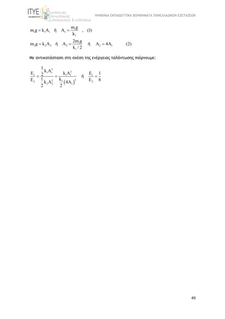 ΨΗΦΙΑΚΑ ΕΚΠΑΙΔΕΥΤΙΚΑ ΒΟΗΘΗΜΑΤΑ ΠΑΝΕΛΛΑΔΙΚΩΝ ΕΞΕΤΑΣΕΩΝ
49
1
1 1 1 1
1
m g
m g k A A , (1)
k
 ή
1
2 2 2 2 2 1
1
2m g
m g k A A A 4 (2)
k / 2
   ή ή
Με αντικατάσταση στη σχέση της ενέργειας ταλάντωσης παίρνουμε:
 
2
21 1
1 1 1 1
22 12 2
2 2 1
1
k A
k A 12
1 k 8k A 4A
2 2
 
  
 
ή
 