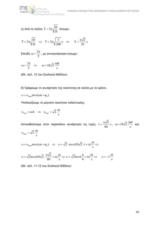 ΨΗΦΙΑΚΑ ΕΚΠΑΙΔΕΥΤΙΚΑ ΒΟΗΘΗΜΑΤΑ ΠΑΝΕΛΛΑΔΙΚΩΝ ΕΞΕΤΑΣΕΩΝ
62
γ) Από τη σχέση
m
T 2
D
  έχουμε:
m 1
T 2 T 2 s
D 200
     
2
T s
10


Επειδή
2
T

  , με αντικατάσταση έχουμε:
2
T

  
rad
10 2
s
 
(βλ. σελ. 12 του Σχολικού Βιβλίου)
δ) Γράφουμε τη συνάρτηση της ταχύτητας σε σχέση με το χρόνο.
max 0( t )     
Υπολογίζουμε τη μέγιστη ταχύτητα ταλάντωσης:
max max
m
A 2
s
     
Αντικαθιστούμε στην παραπάνω συνάρτηση τις τιμές:
2
t s
80

 ,
rad
10 2
s
  και
max
m
2
s
 
max 0
m
( t ) 2 (10 2 t )
s
              
2 m
2 (10 2 )
80 s

      
m
2 ( )
4 s

     
m
1
s
  
(βλ. σελ. 11-12 του Σχολικού Βιβλίου)
 