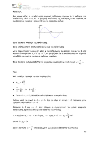 ΨΗΦΙΑΚΑ ΕΚΠΑΙΔΕΥΤΙΚΑ ΒΟΗΘΗΜΑΤΑ ΠΑΝΕΛΛΑΔΙΚΩΝ ΕΞΕΤΑΣΕΩΝ
63
Άσκηση 4.
Ένα σώμα μάζας m εκτελεί απλή αρμονική ταλάντωση πλάτους Α. Η ενέργεια της
ταλάντωσης είναι E 0,8 J . Η γραφική παράσταση της ταχύτητας υ του σώματος σε
συνάρτηση με το χρόνο t απεικονίζεται στο παρακάτω σχήμα:
α) να βρείτε το πλάτος Α της ταλάντωσης.
β) να υπολογίσετε τη σταθερά επαναφοράς D της ταλάντωσης.
γ) να παραστήσετε γραφικά τη φάση φ της ταλάντωσης συναρτήσει του χρόνου t, στο
χρονικό διάστημα από 0t 0 ως t T , αν γνωρίζουμε ότι η απομάκρυνση του σώματος
μεταβάλλεται όπως το ημίτονο σε σχέση με το χρόνο.
δ) να βρείτε το ρυθμό μεταβολής της ορμής του σώματος τη χρονική στιγμή 1t s
40

 .
Λύση
Από το σχήμα εξάγουμε τις εξής πληροφορίες:
• max
m
4
s
 
•
T
s T s
2 20 10
 
  
• Για t 0 0    , δηλαδή το σώμα βρίσκεται σε ακραία θέση.
Αμέσως μετά τη στιγμή t 0 0    , άρα το σώμα τη στιγμή t 0 βρίσκεται στην
αρνητική ακραία θέση ( x A  ).
Θέτοντας t 0 και x A  στην εξίσωση 0x A ( t )    της απλής αρμονικής
ταλάντωσης, βρίσκουμε την αρχική φάση της ταλάντωσης:
0 0 0 0
3
x A ( t ) A A 1 rad
2

               
επειδή 00 2    .
α) Από τον τύπο
2
 

υπολογίζουμε τη γωνιακή συχνότητα της ταλάντωσης:
 