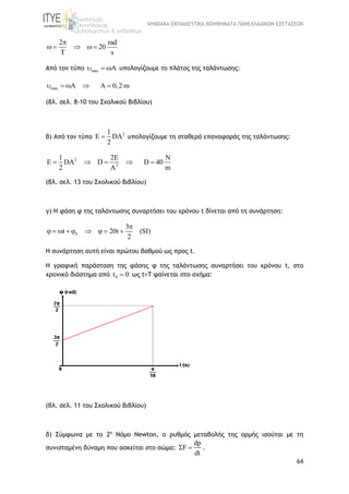 ΨΗΦΙΑΚΑ ΕΚΠΑΙΔΕΥΤΙΚΑ ΒΟΗΘΗΜΑΤΑ ΠΑΝΕΛΛΑΔΙΚΩΝ ΕΞΕΤΑΣΕΩΝ
64
2 rad
20
s

    

Από τον τύπο max A   υπολογίζουμε το πλάτος της ταλάντωσης:
max A    A 0,2 m
(βλ. σελ. 8-10 του Σχολικού Βιβλίου)
β) Από τον τύπο
21
E DA
2
 υπολογίζουμε τη σταθερά επαναφοράς της ταλάντωσης:
2
2
1 2E
E DA D
2 A
   
N
D 40
m

(βλ. σελ. 13 του Σχολικού Βιβλίου)
γ) Η φάση φ της ταλάντωσης συναρτήσει του χρόνου t δίνεται από τη συνάρτηση:
0
3
t 20t (SI)
2

        
Η συνάρτηση αυτή είναι πρώτου βαθμού ως προς t.
Η γραφική παράσταση της φάσης φ της ταλάντωσης συναρτήσει του χρόνου t, στο
χρονικό διάστημα από 0t 0 ως t=T φαίνεται στο σχήμα:
(βλ. σελ. 11 του Σχολικού Βιβλίου)
δ) Σύμφωνα με το 2ο
Νόμο Newton, ο ρυθμός μεταβολής της ορμής ισούται με τη
συνισταμένη δύναμη που ασκείται στο σώμα:
dp
F
dt
  .
 