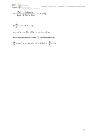 ΨΗΦΙΑΚΑ ΕΚΠΑΙΔΕΥΤΙΚΑ ΒΟΗΘΗΜΑΤΑ ΠΑΝΕΛΛΑΔΙΚΩΝ ΕΞΕΤΑΣΕΩΝ
72
Δp 2πkgm / s
m m 1kg
2ωA 2 5πr / s 0,2m
   
 
Δ) 1ΣF D
dp
x
dt
    (2)
2 2
1 1 1 1α ω x 25 25π x x 0,1m        
Με αντικατάσταση στη σχέση (2) εύκολα προκύπτει:
2 2
1mω 1kg (5πr / s) 25Ν
dp dp
x ( 0,1m)
dt dt
        
 
