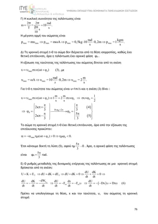 ΨΗΦΙΑΚΑ ΕΚΠΑΙΔΕΥΤΙΚΑ ΒΟΗΘΗΜΑΤΑ ΠΑΝΕΛΛΑΔΙΚΩΝ ΕΞΕΤΑΣΕΩΝ
76
Γ) Η κυκλική συχνότητα της ταλάντωσης είναι
2 2 rad
= 10 .
T ss
10
 
π π
2π
H μέγιστη ορμή του σώματος είναι
max max max max max
kgm
p = mυ p = mωΑ p = 0,5kg 10 p
rad
=1 .
s
0,2m
s
    
Δ) Τη χρονική στιγμή t=0 το σώμα δεν διέρχεται από τη θέση ισορροπίας, καθώς έχει
θετική επιτάχυνση, άρα η ταλάντωση έχει αρχική φάση φ0 .
Η εξίσωση της ταχύτητας της ταλάντωσης του σώματος δίνεται από τη σχέση
0max ( t ) (3)    , με
max max max
rad
0,2m
m
υ = ωΑ υ =10 υ = 2 .
s
 
s
Για t=0 η ταχύτητα του σώματος είναι υ=1m/s και η σχέση (3) δίνει :
0 0max
m m
( t ) 1 2
s s
         0
1
2
  
 
 
0
0 0
20
2 4
3 3
5
2 5
3 3
  
   
      
   
   
      
 

  





Το σώμα τη χρονική στιγμή t=0 έχει θετική επιτάχυνση, άρα από την εξίσωση της
επιτάχυνσης προκύπτει:
0 0max ( t ) 0 0.        
Έτσι κάνουμε δεκτή τη λύση (5), αφού ημ
5
3

 0 . Άρα, η αρχική φάση της ταλάντωσης
είναι φ0 =
5
3

rad.
Ε) Ο ρυθμός μεταβολής της δυναμικής ενέργειας της ταλάντωσης σε μια χρονική στιγμή
βρίσκεται από τη σχέση:
 
T T
F
dU dK
U K E dU dK dE dU dK 0 0
dt dt
dWdU dK dU dx dU
F F Dx Dx (6)
dt dt dt dt dt dt

 
           

               
Πρέπει να υπολογίσουμε τη θέση, x και την ταχύτητα, υ, του σώματος τη χρονική
στιγμή
 