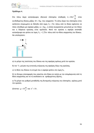 ΨΗΦΙΑΚΑ ΕΚΠΑΙΔΕΥΤΙΚΑ ΒΟΗΘΗΜΑΤΑ ΠΑΝΕΛΛΑΔΙΚΩΝ ΕΞΕΤΑΣΕΩΝ
94
Πρόβλημα 4.
Στο πάνω άκρο κατακόρυφου ιδανικού ελατηρίου σταθεράς 2 N
k 80
m
  είναι
συνδεδεμένος δίσκος μάζας M 5kg που ισορροπεί. Το κάτω άκρο του ελατηρίου είναι
ακλόνητα στερεωμένο σε δάπεδο Από ύψος 1h 5m πάνω από το δίσκο αφήνεται να
πέσει ελεύθερα μια σφαίρα μάζας m 1kg , η οποία συγκρούεται μετωπικά με τον δίσκο
και η διάρκεια κρούσης είναι αμελητέα. Μετά την κρούση η σφαίρα αναπηδά
κατακόρυφα και φτάνει σε ύψος 2h 1,25m πάνω από την θέση ισορροπίας του δίσκου.
Να υπολογίσετε:
α) το μέτρο της ταχύτητας του δίσκου και της σφαίρας αμέσως μετά την κρούση.
β) την % μείωση της κινητικής ενέργειας της σφαίρας λόγω της κρούσης.
γ) τη θέση του δίσκου τη στιγμή που η σφαίρα φτάνει στο ύψος h2.
δ) τη δύναμη επαναφοράς που ασκείται στο δίσκο σε σχέση με την απομάκρυνση από τη
θέση ισορροπίας και να τη σχεδιάσετε σε αριθμημένους άξονες.
ε) Το μέτρο του ρυθμού μεταβολής της δυναμικής ενέργειας του ελατηρίου, αμέσως μετά
την κρούση.
Δίνονται: 2
m
g 10
s
 και 2
10  .
 