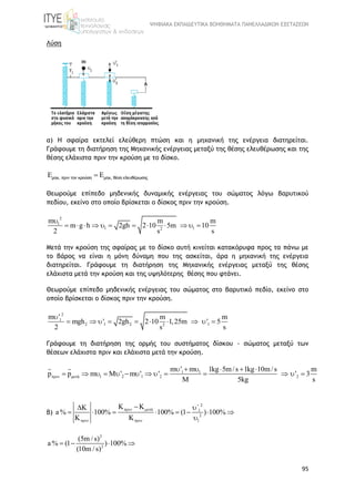 ΨΗΦΙΑΚΑ ΕΚΠΑΙΔΕΥΤΙΚΑ ΒΟΗΘΗΜΑΤΑ ΠΑΝΕΛΛΑΔΙΚΩΝ ΕΞΕΤΑΣΕΩΝ
95
Λύση
α) Η σφαίρα εκτελεί ελεύθερη πτώση και η μηχανική της ενέργεια διατηρείται.
Γράφουμε τη διατήρηση της Μηχανικής ενέργειας μεταξύ της θέσης ελευθέρωσης και της
θέσης ελάχιστα πριν την κρούση με το δίσκο.
  μηχ, πριν την κρούση μηχ, θέση ελευθέρωσης
Θεωρούμε επίπεδο μηδενικής δυναμικής ενέργειας του σώματος λόγω βαρυτικού
πεδίου, εκείνο στο οποίο βρίσκεται ο δίσκος πριν την κρούση.
2
1
1 12
m m m
m g h 2gh 2 10 5m 10
2 s s

           
Μετά την κρούση της σφαίρας με το δίσκο αυτή κινείται κατακόρυφα προς τα πάνω με
το βάρος να είναι η μόνη δύναμη που της ασκείται, άρα η μηχανική της ενέργεια
διατηρείται. Γράφουμε τη διατήρηση της Μηχανικής ενέργειας μεταξύ της θέσης
ελάχιστα μετά την κρούση και της υψηλότερης θέσης που φτάνει.
Θεωρούμε επίπεδο μηδενικής ενέργειας του σώματος στο βαρυτικό πεδίο, εκείνο στο
οποίο βρίσκεται ο δίσκος πριν την κρούση.
2
1
2 1 2 12
m ' m m
mgh ' 2gh 2 10 1,25m ' 5
2 s s

         
Γράφουμε τη διατήρηση της ορμής του συστήματος δίσκου - σώματος μεταξύ των
θέσεων ελάχιστα πριν και ελάχιστα μετά την κρούση.
1 1
1 2 1 2 2ά
m ' m 1kg 5m/s 1kg 10m/s m
p p m ' m ' ' ' 3
5kg s
 
     
             

β)
2
ά 1
2
1
΄
a % 100% 100% (1 ) 100% 
 
  
       
  
2
2
(5m / s)
a % (1 ) 100%
(10m / s)
   
 