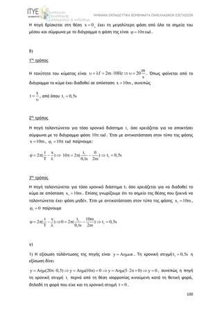 ΨΗΦΙΑΚΑ ΕΚΠΑΙΔΕΥΤΙΚΑ ΒΟΗΘΗΜΑΤΑ ΠΑΝΕΛΛΑΔΙΚΩΝ ΕΞΕΤΑΣΕΩΝ
100
Η πηγή βρίσκεται στη θέση x 0 , έχει τη μεγαλύτερη φάση από όλα τα σημεία του
μέσου και σύμφωνα με το διάγραμμα η φάση της είναι 10 rad   .
β)
1ος
τρόπος
Η ταχύτητα του κύματος είναι
m
f 2m 10Hz 20
s
        . Όπως φαίνεται από το
διάγραμμα το κύμα έχει διαδοθεί σε απόσταση x 10m , συνεπώς
x
t 

, από όπου 1t 0,5s
2ος
τρόπος
Η πηγή ταλαντώνεται για τόσο χρονικό διάστημα 1t όσο χρειάζεται για να αποκτήσει
σύμφωνα με το διάγραμμα φάση 10 rad . Έτσι με αντικατάσταση στον τύπο της φάσης
x 10m , 1 10 rad   παίρνουμε:
t x
2 ( )
T
    

1t 0
10 2 ( )
0,1s 2m
     1t 0,5s
3ος
τρόπος
Η πηγή ταλαντώνεται για τόσο χρονικό διάστημα t1 όσο χρειάζεται για να διαδοθεί το
κύμα σε απόσταση 1x 10m . Επίσης γνωρίζουμε ότι το σημείο της θέσης που ξεκινά να
ταλαντώνεται έχει φάση μηδέν. Έτσι με αντικατάσταση στον τύπο της φάσης 1x 10m ,
1 0  παίρνουμε
1
1
tt x 10m
2 ( ) 0 2 ( ) t 0,5s
T 0,1s 2m
         

γ)
1) Η εξίσωση ταλάντωσης της πηγής είναι y A t  . Τη χρονική στιγμή 1t 0,5s η
εξίσωση δίνει
y A (20 0,5) y A (10 ) 0 y A (5 2 0) y 0               , συνεπώς η πηγή
τη χρονική στιγμή 1t περνά από τη θέση ισορροπίας κινούμενη κατά τη θετική φορά,
δηλαδή τη φορά που είχε και τη χρονική στιγμή t 0 .
 