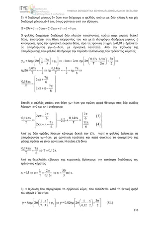 ΨΗΦΙΑΚΑ ΕΚΠΑΙΔΕΥΤΙΚΑ ΒΟΗΘΗΜΑΤΑ ΠΑΝΕΛΛΑΔΙΚΩΝ ΕΞΕΤΑΣΕΩΝ
115
Β) Η διαδρομή μήκους S= 5cm που διέγραψε ο φελλός ισούται με δύο πλάτη Α και μία
διαδρομή μήκους d=1 cm, όπως φαίνεται από την εξίσωση
5cm 2 2cm d d 1cm.     S = 2A + d
Ο φελλός διαγράφει διαδρομή δύο πλατών πηγαίνοντας πρώτα στην ακραία θετική
θέση, επιστρέφει στη θέση ισορροπίας του και μετά διαγράφει διαδρομή μήκους d
κινούμενος προς την αρνητική ακραία θέση, άρα τη χρονική στιγμή t1=0,07 s βρίσκεται
σε απομάκρυνση yM=-d=-1cm, με αρνητική ταχύτητα. Από την εξίσωση της
απομάκρυνσης του φελλού θα βρούμε την περίοδο ταλάντωσης του τρέχοντος κύματος
M
0
x 0,07s 1,5m
m
3
φ 1cm 2cm
2
0,07s 1 0,14 s 1 7
2 2 6
7
2
0,14 s 6
7
2
6

      
                
 
       
 
  
 
 
  





 
t
y = Aημ 2π - ημ 2π -
T λ T 2
ημ2π ημ
T T
T
.
Επειδή ο φελλός φτάνει στη θέση yM=-1cm για πρώτη φορά θέτουμε στις δύο ομάδες
λύσεων κ=0 και κ=1 αντίστοιχα
 
 
0
1
7 7
2 3
0,14 s 0,14 s6 6
7 11
2 4
6 6


   
      
   
   
      
 

 
 
 
 
T T
Από τις δύο ομάδες λύσεων κάνουμε δεκτή την (3), γιατί ο φελλός βρίσκεται σε
απομάκρυνση yM=-1cm, με αρνητική ταχύτητα και κατά συνέπεια το συνημίτονο της
φάσης πρέπει να είναι αρνητικό. Η σχέση (3) δίνει
0,14 s 7
0,12s.
6
 
   
T
Από τη θεμελιώδη εξίσωση της κυματικής βρίσκουμε την ταχύτητα διαδόσεως του
τρέχοντος κύματος
2m 50
m / s.
0,12s 3

        

= f
Γ) Η εξίσωση που περιγράφει το αρμονικό κύμα, που διαδίδεται κατά τη θετική φορά
του άξονα x΄Ox είναι
0
x x
0,12 2
3
φ (S.I.)
2
     
             
t t π
y = Aημ 2π - y = 0,02ημ 2π -
T λ
 