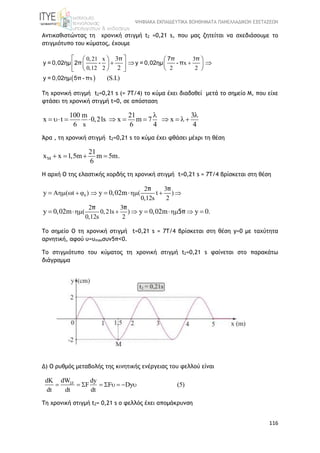 ΨΗΦΙΑΚΑ ΕΚΠΑΙΔΕΥΤΙΚΑ ΒΟΗΘΗΜΑΤΑ ΠΑΝΕΛΛΑΔΙΚΩΝ ΕΞΕΤΑΣΕΩΝ
116
Αντικαθιστώντας τη χρονική στιγμή t2 =0,21 s, που μας ζητείται να σχεδιάσουμε το
στιγμιότυπο του κύματος, έχουμε
 
0,21 x 3
x
0,12 2 2 2
x
3
2
(S.I.)

    
     
   
π 7π π
y = 0,02ημ 2π - y = 0,02ημ - π
y = 0,02ημ 5π - π
Τη χρονική στιγμή t2=0,21 s (= 7Τ/4) το κύμα έχει διαδοθεί μετά το σημείο Μ, που είχε
φτάσει τη χρονική στιγμή t=0, σε απόσταση
100 m 21 3
x t 0,21s x m 7 x
6 s 6 4 4
 
          
Άρα , τη χρονική στιγμή t2=0,21 s το κύμα έχει φθάσει μέχρι τη θέση
Mx x 1,5m
21
m 5m.
6
   
H αρχή Ο της ελαστικής χορδής τη χρονική στιγμή t=0,21 s = 7Τ/4 βρίσκεται στη θέση
0
2 3
A ( t ) ( t )
0,12s 2
2 3
( 0,21s )
0,12s 2
y y 0,02m
y 0,02m y 0,02m y 0.
       
    
  
    
π π
π π
5π
Το σημείο Ο τη χρονική στιγμή t=0,21 s = 7Τ/4 βρίσκεται στη θέση y=0 με ταχύτητα
αρνητική, αφού υ=υmaxσυν5π˂0.
Tο στιγμιότυπο του κύματος τη χρονική στιγμή t2=0,21 s φαίνεται στο παρακάτω
διάγραμμα
Δ) Ο ρυθμός μεταβολής της κινητικής ενέργειας του φελλού είναι
FdWd dy
F F Dy (5)
dt dt dt

        
Τη χρονική στιγμή t2= 0,21 s ο φελλός έχει απομάκρυνση
 