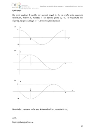 ΨΗΦΙΑΚΑ ΕΚΠΑΙΔΕΥΤΙΚΑ ΒΟΗΘΗΜΑΤΑ ΠΑΝΕΛΛΑΔΙΚΩΝ ΕΞΕΤΑΣΕΩΝ
12
Ερώτηση 8.
Μια πηγή κυμάτων Ο αρχίζει την χρονική στιγμή t 0 , να εκτελεί απλή αρμονική
ταλάντωση, πλάτους Α, περιόδου T και αρχικής φάσης 0 0  . Το στιγμιότυπο του
κύματος, τη χρονική στιγμή t T , είναι όπως το διάγραμμα
Να επιλέξετε τη σωστή απάντηση. Να δικαιολογήσετε την επιλογή σας.
Λύση
Σωστή απάντηση είναι η γ.
 