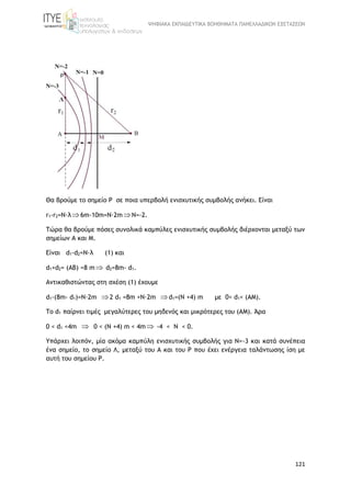 ΨΗΦΙΑΚΑ ΕΚΠΑΙΔΕΥΤΙΚΑ ΒΟΗΘΗΜΑΤΑ ΠΑΝΕΛΛΑΔΙΚΩΝ ΕΞΕΤΑΣΕΩΝ
121
Θα βρούμε το σημείο Ρ σε ποια υπερβολή ενισχυτικής συμβολής ανήκει. Είναι
r1-r2=N·λ6m-10m=Ν·2mΝ=-2.
Τώρα θα βρούμε πόσες συνολικά καμπύλες ενισχυτικής συμβολής διέρχονται μεταξύ των
σημείων Α και M.
Είναι d1-d2=N·λ (1) και
d1+d2= (ΑΒ) =8 m d2=8m- d1.
Αντικαθιστώντας στη σχέση (1) έχουμε
d1-(8m- d1)=N·2m 2 d1 =8m +N·2m d1=(N +4) m με 0< d1< (ΑM).
To d1 παίρνει τιμές μεγαλύτερες του μηδενός και μικρότερες του (ΑM). Άρα
0 < d1 <4m  0 < (N +4) m < 4m -4 < N < 0.
Yπάρχει λοιπόν, μία ακόμα καμπύλη ενισχυτικής συμβολής για Ν=-3 και κατά συνέπεια
ένα σημείο, το σημείο Λ, μεταξύ του Α και του Ρ που έχει ενέργεια ταλάντωσης ίση με
αυτή του σημείου Ρ.
 