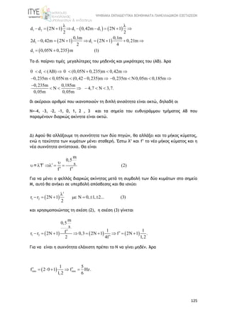 ΨΗΦΙΑΚΑ ΕΚΠΑΙΔΕΥΤΙΚΑ ΒΟΗΘΗΜΑΤΑ ΠΑΝΕΛΛΑΔΙΚΩΝ ΕΞΕΤΑΣΕΩΝ
125
     
   
 
1 2 1 1
1
1 1
d d 2 1 d 0,42m d 2 1
2 2
0,1m 0,1m
2d 0,42m 2 1 d 2 1 0,21m
2 4
d 0,05 0,235 m (1)
 
          
         
  
To d1 παίρνει τιμές μεγαλύτερες του μηδενός και μικρότερες του (ΑΒ). Άρα
10 d ( ) 0 (0,05 0,235)m 0,42m
0,235m 0,05 m (0,42 0,235)m 0,235m 0,05m 0,185m
0,235m 0,185m
4,7 3,7.
0,05m 0,05m
        
          

       
0ι ακέραιοι αριθμοί που ικανοποιούν τη διπλή ανισότητα είναι οκτώ, δηλαδή οι
Ν=-4, -3, -2, -1, 0, 1, 2 , 3 και τα σημεία του ευθυγράμμου τμήματος ΑΒ που
παραμένουν διαρκώς ακίνητα είναι οκτώ.
Δ) Αφού θα αλλάξουμε τη συχνότητα των δύο πηγών, θα αλλάξει και το μήκος κύματος,
ενώ η ταχύτητα των κυμάτων μένει σταθερή. Έστω λ’ και f’ το νέο μήκος κύματος και η
νέα συχνότητα αντίστοιχα. Θα είναι
m
0,5
s (2)
f f

      
 
= f
Για να μένει ο φελλός διαρκώς ακίνητος μετά τη συμβολή των δύο κυμάτων στο σημείο
Μ, αυτό θα ανήκει σε υπερβολή απόσβεσης και θα ισχύει
 1 2r 2 1 0, 1, 2... (3)
2
r

        
και χρησιμοποιώντας τη σχέση (2), η σχέση (3) γίνεται
     1 2r 2 1 0,3 2 1 2 1
2
m
0,5
s
1 1fr f .
4f 1,2
          

 
Για να είναι η συχνότητα ελάχιστη πρέπει το Ν να γίνει μηδέν. Άρα
 min min
1 5
f f Hz.
1, 6
0
2
2 1    
 