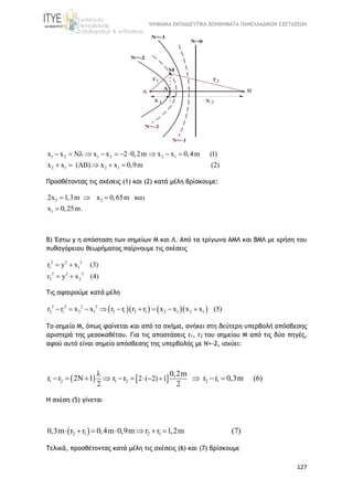 ΨΗΦΙΑΚΑ ΕΚΠΑΙΔΕΥΤΙΚΑ ΒΟΗΘΗΜΑΤΑ ΠΑΝΕΛΛΑΔΙΚΩΝ ΕΞΕΤΑΣΕΩΝ
127
1 2 1 2 2 1
2 1 2 1
x x N x x 2 0,2m x x 0,4m (1)
x ( ) x x 0,9m ( )x 2
          
    
Προσθέτοντας τις σχέσεις (1) και (2) κατά μέλη βρίσκουμε:
2 2
1
2x 1,3m 0,65m
x 0
x
,25m.
   

Β) Έστω y η απόσταση των σημείων Μ και Λ. Από τα τρίγωνα ΑΜΛ και ΒΜΛ με χρήση του
πυθαγόρειου θεωρήματος παίρνουμε τις σχέσεις
2 2
1 1
2 2
22
2
2
r y x (3)
r y x (4)
 
 
Τις αφαιρούμε κατά μέλη
     2 2
2 1 1 2 1 2 1 1
2
2 1
2
2 2r r x x r r r r x x x x (5)      
Το σημείο Μ, όπως φαίνεται και από το σχήμα, ανήκει στη δεύτερη υπερβολή απόσβεσης
αριστερά της μεσοκαθέτου. Για τις αποστάσεις r1, r2 του σημείου Μ από τις δύο πηγές,
αφού αυτό είναι σημείο απόσβεσης της υπερβολής με Ν=-2, ισχύει:
   21 2 12 1 2 ( 2) 1
0,2m
r 2 1 r r 0,3m (6)
2
r r r
2
  

         
Η σχέση (5) γίνεται
 2 1 2 10,3m r r 0,4m 0,9m r r 1,2m (7)      
Τελικά, προσθέτοντας κατά μέλη τις σχέσεις (6) και (7) βρίσκουμε
 