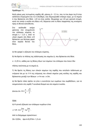 ΨΗΦΙΑΚΑ ΕΚΠΑΙΔΕΥΤΙΚΑ ΒΟΗΘΗΜΑΤΑ ΠΑΝΕΛΛΑΔΙΚΩΝ ΕΞΕΤΑΣΕΩΝ
130
Πρόβλημα 11.
Κατά μήκος μιας τεντωμένης χορδής ΑΒ, μήκους d = 3,5 m, που το ένα άκρο της Β είναι
ακλόνητα στερεωμένο και το Α ελεύθερο, έχει δημιουργηθεί στάσιμο κύμα, με το σημείο
Α που βρίσκεται στη θέση x=0 να είναι κοιλία. Θεωρούμε ως t=0 μια χρονική στιγμή,
κατά την οποία η κοιλία στη θέση x=0, διέρχεται από τη θέση ισορροπίας της κινούμενη
προς τη θετική κατεύθυνση.
Στο ακόλουθο σχήμα
φαίνεται ένα στιγμιότυπο
του στάσιμου κύματος τη
στιγμή t1 = 2,5 s, όταν το
υλικό σημείο στη θέση x=0
βρίσκεται για δεύτερη φορά
στην ακραία θετική του
θέση.
Α) Να γραφεί η εξίσωση του στάσιμου κύματος.
Β) Nα βρείτε το πλάτος της ταλάντωσης του σημείου Δ, που βρίσκεται στη θέση
x = 2,25 m, καθώς και τις θέσεις όλων των σημείων του στάσιμου που έχουν ίδιο
πλάτος ταχύτητας με το σημείο Δ.
Γ) Να βρείτε τις θέσεις των υλικών σημείων της χορδής που εκτελούν ταλάντωση με
ενέργεια ίση με το 1/4 της ενέργειας του υλικού σημείου μιας κοιλίας της χορδής και
βρίσκονται μεταξύ των θέσεων x=1m και x=3m.
Δ) Να βρείτε πόση πρέπει να γίνει η συχνότητα των κυμάτων που συμβάλλουν, για να
σχηματιστούν στη χορδή 7 συνολικά δεσμοί και στο σημείο Α κοιλία.
Δίνεται ότι
2
.
4 2

 
Λύση
Α) Η γενική εξίσωση των στάσιμων κυμάτων είναι
 

2πx 2 t
y = 2A συν ημ .
λ
π
Από το διάγραμμα προκύπτουν:
2Α= 0,03m, άρα Α=0,015m= 1,5 cm
 