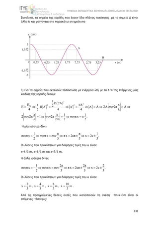 ΨΗΦΙΑΚΑ ΕΚΠΑΙΔΕΥΤΙΚΑ ΒΟΗΘΗΜΑΤΑ ΠΑΝΕΛΛΑΔΙΚΩΝ ΕΞΕΤΑΣΕΩΝ
132
Συνολικά, τα σημεία της χορδής που έχουν ίδιο πλάτος ταχύτητας με το σημείο Δ είναι
άλλα 6 και φαίνονται στο παρακάτω στιγμιότυπο
Γ) Για τα σημεία που εκτελούν ταλάντωση με ενέργεια ίση με το 1/4 της ενέργειας μιας
κοιλίας της χορδής έχουμε
 
2
2
2 2K
D
1
2A
1 42D A A A
2 4
1 1
συνπ x .
2 2
E A x
E A 2 συν2π A
4 4 λ
x x
2 συν2π 1 συν2π
λ 2m
       
    
    

Η μία ισότητα δίνει
1 π π 1
συνπx συνπx συν πx 2κπ x 2κ .
2 3 3 3
        
Οι λύσεις που προκύπτουν για διάφορες τιμές του κ είναι:
x=1/3 m, x=5/3 m και x=7/3 m.
Η άλλη ισότητα δίνει:
1 2π 2π 2
συνπx συνπx συν πx 2κπ x 2κ .
2 3 3 3
         
Οι λύσεις που προκύπτουν για διάφορες τιμές του κ είναι:
2 4 8 10
x m , x m , x m , x m .
3 3 3 3
   
Από τις προηγούμενες θέσεις αυτές που ικανοποιούν τη σχέση 1m<x<3m είναι οι
επόμενες τέσσερις:
 