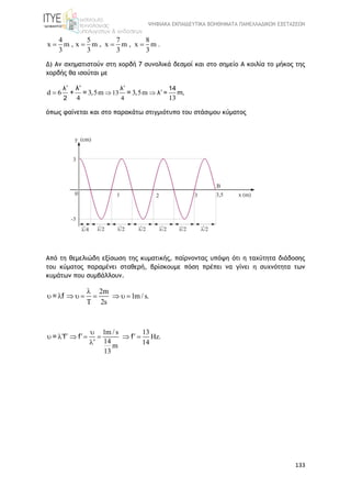 ΨΗΦΙΑΚΑ ΕΚΠΑΙΔΕΥΤΙΚΑ ΒΟΗΘΗΜΑΤΑ ΠΑΝΕΛΛΑΔΙΚΩΝ ΕΞΕΤΑΣΕΩΝ
133
4 5 7 8
x m , x m , x m , x m .
3 3 3 3
   
Δ) Αν σχηματιστούν στη χορδή 7 συνολικά δεσμοί και στο σημείο Α κοιλία το μήκος της
χορδής θα ισούται με
13
4
d 6 3,5m 3,5m
4 13
 
 


λ λ 14
λ = m,
2
λ
+ = =
όπως φαίνεται και στο παρακάτω στιγμιότυπο του στάσιμου κύματος
Από τη θεμελιώδη εξίσωση της κυματικής, παίρνοντας υπόψη ότι η ταχύτητα διάδοσης
του κύματος παραμένει σταθερή, βρίσκουμε πόση πρέπει να γίνει η συχνότητα των
κυμάτων που συμβάλλουν.
2m
1m / s.
2s

        

= f
1m / s 13
Hz.
14 14m
13

         

= f f f
 