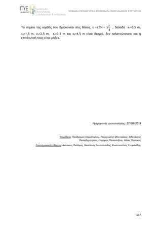 ΨΗΦΙΑΚΑ ΕΚΠΑΙΔΕΥΤΙΚΑ ΒΟΗΘΗΜΑΤΑ ΠΑΝΕΛΛΑΔΙΚΩΝ ΕΞΕΤΑΣΕΩΝ
137
Τα σημεία της χορδής που βρίσκονται στις θέσεις x (2N 1)
4

  , δηλαδή x1=0,5 m,
x2=1,5 m, x3=2,5 m, x4=3,5 m και x5=4,5 m είναι δεσμοί, δεν ταλαντώνονται και η
επιτάχυνσή τους είναι μηδέν.
Ημερομηνία τροποποίησης: 27/08/2018
Επιμέλεια: Πρόδρομος Κορκίζογλου, Παναγιώτης Μπετσάκος, Αθανάσιος
Παπαδημητρίου, Γεώργιος Παπαλεξίου, Ηλίας Ποντικός
Επιστημονικός έλεγχος: Αντώνιος Παλόγος, Βασίλειος Ραυτόπουλος, Κωνσταντίνος Στεφανίδης
 