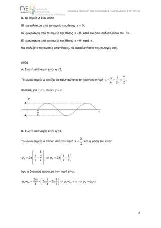 ΨΗΦΙΑΚΑ ΕΚΠΑΙΔΕΥΤΙΚΑ ΒΟΗΘΗΜΑΤΑ ΠΑΝΕΛΛΑΔΙΚΩΝ ΕΞΕΤΑΣΕΩΝ
2
Β. το σημείο Α έχει φάση
β1) μεγαλύτερη από το σημείο της θέσης x 0 .
β2) μικρότερη από το σημείο της θέσης x 0 κατά ακέραιο πολλαπλάσιο του 2.
β3) μικρότερη από το σημείο της θέσης x 0 κατά .
Να επιλέξετε τις σωστές απαντήσεις. Να αιτιολογήσετε τις επιλογές σας.
Λύση
Α. Σωστή απάντηση είναι η α2.
Το υλικό σημείο Α αρχίζει να ταλαντώνεται τη χρονική στιγμή 1
x
t
2 2
 
  
 
.
Φυσικά, για 1t t ισχύει y 0
Β. Σωστή απάντηση είναι η β3.
Το υλικό σημείο Α απέχει από την πηγή x
2

 και η φάση του είναι:
A A
t t 122 2
T T 2
 
   
           
   
 
Άρα η διαφορά φάσης με την πηγή είναι:
2 t t 1
2 2
T T 2
O A O A A O- - -
  
                 
 
 