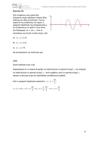 ΨΗΦΙΑΚΑ ΕΚΠΑΙΔΕΥΤΙΚΑ ΒΟΗΘΗΜΑΤΑ ΠΑΝΕΛΛΑΔΙΚΩΝ ΕΞΕΤΑΣΕΩΝ
27
Ερώτηση 20.
Στην επιφάνεια ενός υγρού δύο
σύγχρονες πηγές παράγουν κύματα ίδιου
πλάτους και ίδιας συχνότητας. Για ένα
σημείο Μ της επιφάνειας του υγρού, η
γραφική παράσταση της απομάκρυνσης y
σε συνάρτηση με το χρόνο t είναι όπως
στο διάγραμμα. Αν 1r και 2r είναι οι
αποστάσεις του Μ από τις δύο πηγές, τότε
α) 2 1| r r | 2,5λ 
β) 2 1| r r | 1,5λ 
γ) 2 1| r r | 5λ 
Να αιτιολογήσετε την απάντησή σας.
Λύση
Σωστή πρόταση είναι η (β).
Παρατηρούμε ότι το σημείο Μ αρχίζει να ταλαντώνεται τη χρονική στιγμή 1t και σταματά
να ταλαντώνεται τη χρονική στιγμή 2t . Αυτό συμβαίνει γιατί τη χρονική στιγμή 2t
έφτασε το δεύτερο κύμα και προκλήθηκε αποσβεστική συμβολή.
Από τη γραφική παράσταση προκύπτει: 2 1
3T
t t
2
  .
2 1 2 1 2 1 2 1
3T λ 3T 3λ
r r υ (t t ) υ r r r r
2 T 2 2
           
 