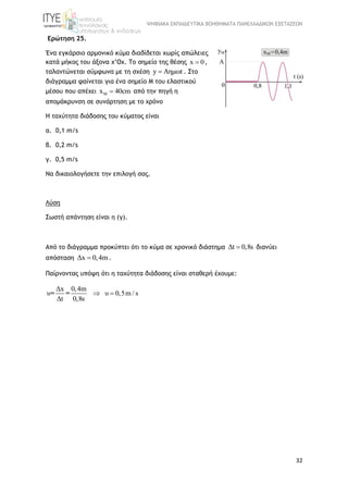 ΨΗΦΙΑΚΑ ΕΚΠΑΙΔΕΥΤΙΚΑ ΒΟΗΘΗΜΑΤΑ ΠΑΝΕΛΛΑΔΙΚΩΝ ΕΞΕΤΑΣΕΩΝ
32
Ερώτηση 25.
Ένα εγκάρσιο αρμονικό κύμα διαδίδεται χωρίς απώλειες
κατά μήκος του άξονα x’Ox. Το σημείο της θέσης x 0 ,
ταλαντώνεται σύμφωνα με τη σχέση y Aημωt . Στο
διάγραμμα φαίνεται για ένα σημείο Μ του ελαστικού
μέσου που απέχει Mx 40cm από την πηγή η
απομάκρυνση σε συνάρτηση με το χρόνο
H ταχύτητα διάδοσης του κύματος είναι
α. 0,1 m/s
β. 0,2 m/s
γ. 0,5 m/s
Να δικαιολογήσετε την επιλογή σας.
Λύση
Σωστή απάντηση είναι η (γ).
Από το διάγραμμα προκύπτει ότι το κύμα σε χρονικό διάστημα Δt 0,8s διανύει
απόσταση Δx 0,4m .
Παίρνοντας υπόψη ότι η ταχύτητα διάδοσης είναι σταθερή έχουμε:
Δx 0,4m
υ υ 0,5m / s
Δt 0,8s
= =  
 