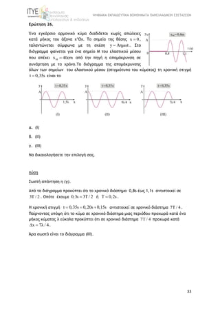 ΨΗΦΙΑΚΑ ΕΚΠΑΙΔΕΥΤΙΚΑ ΒΟΗΘΗΜΑΤΑ ΠΑΝΕΛΛΑΔΙΚΩΝ ΕΞΕΤΑΣΕΩΝ
33
Ερώτηση 26.
Ένα εγκάρσιο αρμονικό κύμα διαδίδεται χωρίς απώλειες
κατά μήκος του άξονα x’Ox. Το σημείο της θέσης x 0 ,
ταλαντώνεται σύμφωνα με τη σχέση y Aημωt . Στο
διάγραμμα φαίνεται για ένα σημείο Μ του ελαστικού μέσου
που απέχει Mx 40cm από την πηγή η απομάκρυνση σε
συνάρτηση με το χρόνο.Το διάγραμμα της απομάκρυνσης
όλων των σημείων του ελαστικού μέσου (στιγμιότυπο του κύματος) τη χρονική στιγμή
t 0,35s είναι το
α. (Ι)
β. (ΙΙ)
γ. (ΙΙΙ)
Να δικαιολογήσετε την επιλογή σας.
Λύση
Σωστή απάντηση η (γ).
Από το διάγραμμα προκύπτει ότι το χρονικό διάστημα 0,8s έως 1,1s αντιστοιχεί σε
3Τ / 2 . Οπότε έχουμε 0,3s 3Τ / 2 ή Τ 0,2s .
Η χρονική στιγμή t 0,35s 0,20s 0,15s   αντιστοιχεί σε χρονικό διάστημα 7T / 4.
Παίρνοντας υπόψη ότι το κύμα σε χρονικό διάστημα μιας περιόδου προχωρά κατά ένα
μήκος κύματος λ εύκολα προκύπτει ότι σε χρονικό διάστημα 7T / 4 προχωρά κατά
Δx 7λ / 4 .
Άρα σωστό είναι το διάγραμμα (ΙΙΙ).
 