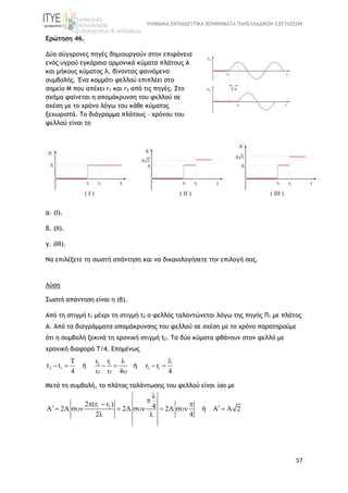 ΨΗΦΙΑΚΑ ΕΚΠΑΙΔΕΥΤΙΚΑ ΒΟΗΘΗΜΑΤΑ ΠΑΝΕΛΛΑΔΙΚΩΝ ΕΞΕΤΑΣΕΩΝ
57
Ερώτηση 46.
Δύο σύγχρονες πηγές δημιουργούν στην επιφάνεια
ενός υγρού εγκάρσια αρμονικά κύματα πλάτους Α
και μήκους κύματος λ, δίνοντας φαινόμενα
συμβολής. Ένα κομμάτι φελλού επιπλέει στο
σημείο Μ που απέχει r1 και r2 από τις πηγές. Στο
σχήμα φαίνεται η απομάκρυνση του φελλού σε
σχέση με το χρόνο λόγω του κάθε κύματος
ξεχωριστά. Το διάγραμμα πλάτους – χρόνου του
φελλού είναι το
α. (Ι).
β. (ΙΙ).
γ. (ΙΙΙ).
Να επιλέξετε τη σωστή απάντηση και να δικαιολογήσετε την επιλογή σας.
Λύση
Σωστή απάντηση είναι η (β).
Από τη στιγμή t1 μέχρι τη στιγμή t2 o φελλός ταλαντώνεται λόγω της πηγής Π1 με πλάτος
Α. Aπό τα διαγράμματα απομάκρυνσης του φελλού σε σχέση με το χρόνο παρατηρούμε
ότι η συμβολή ξεκινά τη χρονική στιγμή t2. Τα δύο κύματα φθάνουν στον φελλό με
χρονική διαφορά Τ/4. Επομένως
2 1
2 1 2 1
T r r
t t r r
4 4 4
 
     
  
ή ή
Mετά τη συμβολή, το πλάτος ταλάντωσης του φελλού είναι ίσο με
1 22 (r r ) 4A 2A 2A 2A A A 2
2 4


  
       
 
ή
 