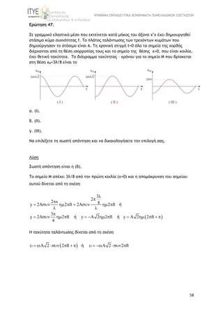 ΨΗΦΙΑΚΑ ΕΚΠΑΙΔΕΥΤΙΚΑ ΒΟΗΘΗΜΑΤΑ ΠΑΝΕΛΛΑΔΙΚΩΝ ΕΞΕΤΑΣΕΩΝ
58
Ερώτηση 47.
Σε γραμμικό ελαστικό μέσο που εκτείνεται κατά μήκος του άξονα x’x έχει δημιουργηθεί
στάσιμο κύμα συχνότητας f. To πλάτος ταλάντωσης των τρεχόντων κυμάτων που
δημιούργησαν το στάσιμο είναι Α. Τη χρονική στιγμή t=0 όλα τα σημεία της χορδής
διέρχονται από τη θέση ισορροπίας τους και το σημείο της θέσης x=0, που είναι κοιλία,
έχει θετική ταχύτητα. Το διάγραμμα ταχύτητας – χρόνου για το σημείο Μ που βρίσκεται
στη θέση xΜ=3λ/8 είναι το
α. (Ι).
β. (ΙΙ).
γ. (ΙΙΙ).
Να επιλέξετε τη σωστή απάντηση και να δικαιολογήσετε την επιλογή σας.
Λύση
Σωστή απάντηση είναι η (β).
To σημείο Μ απέχει 3λ/8 από την πρώτη κοιλία (x=0) και η απομάκρυνση του σημείου
αυτού δίνεται από τη σχέση
 
3
2
2 x 8y 2A 2 ft 2A 2 ft
3
y 2A 2 ft y A 2 2 ft y A 2 2 ft
4



       
 

            
ή
ή ή
H ταχύτητα ταλάντωσης δίνεται από τη σχέση
 A 2 2 ft A 2 2 ft           ή
 