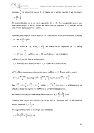 ΨΗΦΙΑΚΑ ΕΚΠΑΙΔΕΥΤΙΚΑ ΒΟΗΘΗΜΑΤΑ ΠΑΝΕΛΛΑΔΙΚΩΝ ΕΞΕΤΑΣΕΩΝ
67
απέχουν
4

το μήκος της χορδής L συνδέεται με το μήκος κύματος  με τη σχέση:
κ
L
2 4
 
 
Με αντικατάσταση του L και του λ προκύπτει ότι 6  . Συνεπώς μεταξύ πρώτου και
τελευταίου δεσμού οι κοιλίες είναι 6 και δεδομένου ότι στη θέση x 0 υπάρχει κοιλία
στο σύνολο δημιουργούνται 7 κοιλίες.
γ) Η απομάκρυνση των υλικών σημείων του μέσου σε ένα στάσιμο δίνονται από τη σχέση
2 x
y 2 t

  

.
Έτσι η κοιλία Κ της θέσης x
2

 θα ταλαντώνεται σύμφωνα με τη σχέση
2
2y 2 8 10 t y 16 10 t (cm,s) 

         

και η ταχύτητα
ταλάντωσής της θα δίνεται από τη σχέση:
K K10 ( 16) (10 t) (cm/ s) 160 (10 t) (cm/ s)           
δ) Το πλάτος συναρτήσει της απόστασης από τη θέση x 0 , δίνεται από τη σχέση:
2 x
A' 2A
 


συνεπώς
2 x
8 3 16
5
 
 δηλαδή
2 x 3
( )
5 2

  
Άρα
2 x
5 6
 
  ή
2 x
5 6
 
  , οπότε
5 5
x cm
2 12

  , όπου x η απόσταση από το
ελεύθερο άκρο της χορδής που πάλλεται με μέγιστο πλάτος (κοιλία).
Οι κοιλίες απέχουν από το ελεύθερο άκρο απόσταση
5
x (cm)
2 2

 
 
Συνεπώς κάθε σημείο που πάλλεται με πλάτος 8 3cm, θα απέχει από την πλησιέστερη
κοιλία απόσταση 1
5
d cm
12
 .
Οι δεσμοί απέχουν από το ελεύθερο άκρο απόσταση
(2 1) 5 5
x (cm)
4 2 4

  
   .
 