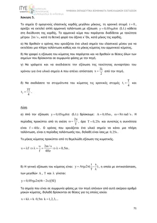 ΨΗΦΙΑΚΑ ΕΚΠΑΙΔΕΥΤΙΚΑ ΒΟΗΘΗΜΑΤΑ ΠΑΝΕΛΛΑΔΙΚΩΝ ΕΞΕΤΑΣΕΩΝ
71
Άσκηση 5.
Το σημείο Ο ομογενούς ελαστικής χορδής μεγάλου μήκους, τη χρονική στιγμή t 0 ,
αρχίζει να εκτελεί απλή αρμονική ταλάντωση με εξίσωση y 0,05 8 t   (S.I.) κάθετα
στη διεύθυνση της χορδής. Το αρμονικό κύμα που παράγεται διαδίδεται με ταχύτητα
μέτρου 2m / s , κατά τη θετική φορά του άξονα x΄Οx, κατά μήκος της χορδής.
α) Να βρεθούν ο χρόνος που χρειάζεται ένα υλικό σημείο του ελαστικού μέσου για να
εκτελέσει μια πλήρη ταλάντωση καθώς και το μήκος κύματος του αρμονικού κύματος.
β) Να γραφεί η εξίσωση του κύματος που παράγεται και να βρεθούν οι θέσεις όλων των
σημείων που βρίσκονται σε συμφωνία φάσης με την πηγή.
γ) Να γράψετε και να σχεδιάσετε την εξίσωση της ταχύτητας συναρτήσει του
χρόνου για ένα υλικό σημείο Α που απέχει απόσταση
3
x
2

 από την πηγή.
δ) Να σχεδιάσετε τα στιγμιότυπα του κύματος τις χρονικές στιγμές 1
T
t
4
 και
2
3T
t
4
 .
Λύση
α) Από την εξίσωση y 0,05 8 t   (S.I.) βρίσκουμε: 0,05m  , 8 rad / s  . H
περίοδος προκύπτει από τη σχέση
2
T

  , άρα T 0,25s και συνεπώς η συχνότητα
είναι f 4Hz . Ο χρόνος που χρειάζεται ένα υλικό σημείο να κάνει μια πλήρη
ταλάντωση, είναι η περίοδος ταλάντωσής του, δηλαδή είναι ίσος με 0,25s.
Το μήκος κύματος προκύπτει από τη θεμελιώδη εξίσωση της κυματικής.
2m / s
f 0,5m
f 4Hz

          .
β) Η γενική εξίσωση του κύματος είναι:
t x
y A 2 ( - )
T
  

, η οποία με αντικατάσταση,
των μεγεθών A , T και  γίνεται:
 y 0,05 2 (4t 2x) SI   
Τα σημεία που είναι σε συμφωνία φάσης με την πηγή απέχουν από αυτή ακέραιο αριθμό
μηκών κύματος, δηλαδή βρίσκονται σε θέσεις για τις οποίες ισχύει
x k k 0,5m k 1,2,3,...    
 