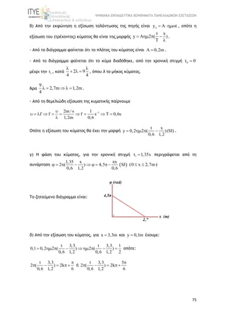 ΨΗΦΙΑΚΑ ΕΚΠΑΙΔΕΥΤΙΚΑ ΒΟΗΘΗΜΑΤΑ ΠΑΝΕΛΛΑΔΙΚΩΝ ΕΞΕΤΑΣΕΩΝ
75
β) Από την εκφώνηση η εξίσωση ταλάντωσης της πηγής είναι y A t   , οπότε η
εξίσωση του (τρέχοντος) κύματος θα είναι της μορφής
t x
y A 2 ( )
T
   

.
- Από το διάγραμμα φαίνεται ότι το πλάτος του κύματος είναι 0,2m  .
- Από το διάγραμμα φαίνεται ότι το κύμα διαδόθηκε, από την χρονική στιγμή 0t 0
μέχρι την 1t , κατά 2 9
4 4
 
   , όπου λ το μήκος κύματος.
Άρα
9
2,7m 1,2m
4
     .
- Από τη θεμελιώδη εξίσωση της κυματικής παίρνουμε
12m / s 1
f f f s T 0,6s
1,2m 0,6

         

Οπότε η εξίσωση του κύματος θα έχει την μορφή
t x
y 0,2 2 ( )(SI)
0,6 1,2
    .
γ) Η φάση του κύματος, για την χρονική στιγμή 1t 1,35s περιγράφεται από τη
συνάρτηση  
1,35 x x
2 ( ) 4,5 SI
0,6 1,2 0,6

        ( 0 x 2,7m  )
Το ζητούμενο διάγραμμα είναι:
δ) Από την εξίσωση του κύματος, για x 3,3m και y 0,1m έχουμε:
t 3,3 t 3,3 1
0,1 0,2 2 ( ) 2 ( )
0,6 1,2 0,6 1,2 2
         οπότε:
t 3,3
2 ( ) 2k
0,6 1,2 6

    ή
t 3,3 5
2 ( ) 2k
0,6 1,2 6

   
 