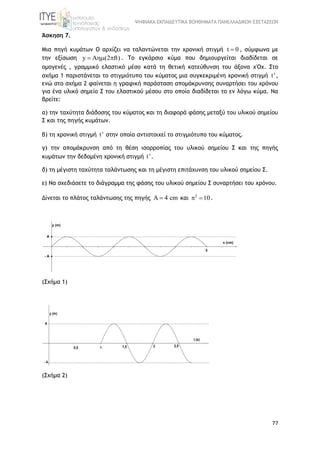 ΨΗΦΙΑΚΑ ΕΚΠΑΙΔΕΥΤΙΚΑ ΒΟΗΘΗΜΑΤΑ ΠΑΝΕΛΛΑΔΙΚΩΝ ΕΞΕΤΑΣΕΩΝ
77
Άσκηση 7.
Μια πηγή κυμάτων Ο αρχίζει να ταλαντώνεται την χρονική στιγμή t 0 , σύμφωνα με
την εξίσωση y A (2 ft)   . Το εγκάρσιο κύμα που δημιουργείται διαδίδεται σε
ομογενές , γραμμικό ελαστικό μέσο κατά τη θετική κατεύθυνση του άξονα x'Οx. Στο
σχήμα 1 παριστάνεται το στιγμιότυπο του κύματος μια συγκεκριμένη χρονική στιγμή t ',
ενώ στο σχήμα 2 φαίνεται η γραφική παράσταση απομάκρυνσης συναρτήσει του χρόνου
για ένα υλικό σημείο Σ του ελαστικού μέσου στο οποίο διαδίδεται το εν λόγω κύμα. Να
βρείτε:
α) την ταχύτητα διάδοσης του κύματος και τη διαφορά φάσης μεταξύ του υλικού σημείου
Σ και της πηγής κυμάτων.
β) τη χρονική στιγμή t ' στην οποία αντιστοιχεί το στιγμιότυπο του κύματος.
γ) την απομάκρυνση από τη θέση ισορροπίας του υλικού σημείου Σ και της πηγής
κυμάτων την δεδομένη χρονική στιγμή t '.
δ) τη μέγιστη ταχύτητα ταλάντωσης και τη μέγιστη επιτάχυνση του υλικού σημείου Σ.
ε) Nα σχεδιάσετε το διάγραμμα της φάσης του υλικού σημείου Σ συναρτήσει του χρόνου.
Δίνεται το πλάτος ταλάντωσης της πηγής 4 cm  και 2
10  .
(Σχήμα 1)
(Σχήμα 2)
 