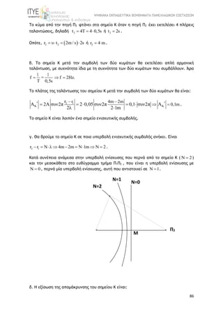 ΨΗΦΙΑΚΑ ΕΚΠΑΙΔΕΥΤΙΚΑ ΒΟΗΘΗΜΑΤΑ ΠΑΝΕΛΛΑΔΙΚΩΝ ΕΞΕΤΑΣΕΩΝ
86
Το κύμα από την πηγή Π2 φτάνει στο σημείο Κ όταν η πηγή Π2 έχει εκτελέσει 4 πλήρεις
ταλαντώσεις, δηλαδή 2t 4Τ 4 0,5s   ή 2t 2s .
Οπότε,  2 2r υ t 2m / s 2s    ή 2r 4 m .
β. Το σημείο Κ μετά την συμβολή των δύο κυμάτων θα εκτελέσει απλή αρμονική
ταλάντωση, με συχνότητα ίδια με τη συχνότητα των δύο κυμάτων που συμβάλλουν. Άρα
f f 2Hz
Τ 0,5s
  
1 1
= .
Το πλάτος της ταλάντωσης του σημείου Κ μετά την συμβολή των δύο κυμάτων θα είναι:
2 1
K K
r 4m 2m
0,1m
r
Α 2A συν2π 2 0,05 συν2π 0,1 συν2π Α
2λ 2 1m
       

.
Το σημείο Κ είναι λοιπόν ένα σημείο ενισχυτικής συμβολής.
γ. Θα βρούμε το σημείο Κ σε ποια υπερβολή ενισχυτικής συμβολής ανήκει. Είναι
2 1r r N λ 4m 2m Ν 1m Ν 2         .
Κατά συνέπεια ανάμεσα στην υπερβολή ενίσχυσης που περνά από το σημείο Κ ( Ν 2 )
και την μεσοκάθετο στο ευθύγραμμο τμήμα Π1Π2 , που είναι η υπερβολή ενίσχυσης με
Ν 0 , περνά μία υπερβολή ενίσχυσης, αυτή που αντιστοιχεί σε Ν 1 .
δ. Η εξίσωση της απομάκρυνσης του σημείου Κ είναι:
Π1
Π1
Π2
Κ
Κ
Μ
Ν=0
Ν=2
Ν=1
 