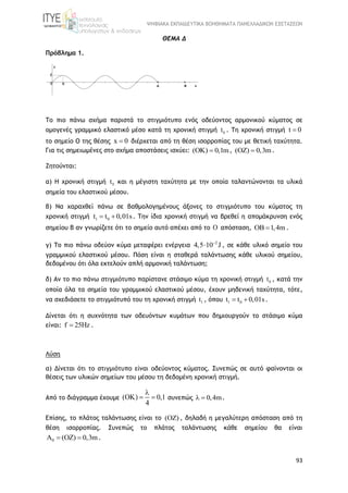 ΨΗΦΙΑΚΑ ΕΚΠΑΙΔΕΥΤΙΚΑ ΒΟΗΘΗΜΑΤΑ ΠΑΝΕΛΛΑΔΙΚΩΝ ΕΞΕΤΑΣΕΩΝ
93
ΘΕΜΑ Δ
Πρόβλημα 1.
Το πιο πάνω σχήμα παριστά το στιγμιότυπο ενός οδεύοντος αρμονικού κύματος σε
ομογενές γραμμικό ελαστικό μέσο κατά τη χρονική στιγμή 0t . Τη χρονική στιγμή t 0
το σημείο Ο της θέσης x 0 διέρχεται από τη θέση ισορροπίας του με θετική ταχύτητα.
Για τις σημειωμένες στο σχήμα αποστάσεις ισχύει: (OK) 0,1m , (OZ) 0,3m .
Ζητούνται:
α) Η χρονική στιγμή 0t και η μέγιστη ταχύτητα με την οποία ταλαντώνονται τα υλικά
σημεία του ελαστικού μέσου.
β) Να χαραχθεί πάνω σε βαθμολογημένους άξονες το στιγμιότυπο του κύματος τη
χρονική στιγμή 1 0t t 0,01s  . Την ίδια χρονική στιγμή να βρεθεί η απομάκρυνση ενός
σημείου Β αν γνωρίζετε ότι το σημείο αυτό απέχει από το O απόσταση, OB 1,4m .
γ) Το πιο πάνω οδεύον κύμα μεταφέρει ενέργεια 2
4,5 10 J
 , σε κάθε υλικό σημείο του
γραμμικού ελαστικού μέσου. Πόση είναι η σταθερά ταλάντωσης κάθε υλικού σημείου,
δεδομένου ότι όλα εκτελούν απλή αρμονική ταλάντωση;
δ) Αν το πιο πάνω στιγμιότυπο παρίστανε στάσιμο κύμα τη χρονική στιγμή 0t , κατά την
οποία όλα τα σημεία του γραμμικού ελαστικού μέσου, έχουν μηδενική ταχύτητα, τότε,
να σχεδιάσετε το στιγμιότυπό του τη χρονική στιγμή 1t , όπου 1 0t t 0,01s  .
Δίνεται ότι η συχνότητα των οδευόντων κυμάτων που δημιουργούν το στάσιμο κύμα
είναι: f 25Hz .
Λύση
α) Δίνεται ότι το στιγμιότυπο είναι οδεύοντος κύματος. Συνεπώς σε αυτό φαίνονται οι
θέσεις των υλικών σημείων του μέσου τη δεδομένη χρονική στιγμή.
Από το διάγραμμα έχουμε ( ) 0,1
4

   συνεπώς 0,4m  .
Επίσης, το πλάτος ταλάντωσης είναι το (OZ) , δηλαδή η μεγαλύτερη απόσταση από τη
θέση ισορροπίας. Συνεπώς το πλάτος ταλάντωσης κάθε σημείου θα είναι
0A (OZ) 0,3m  .
 