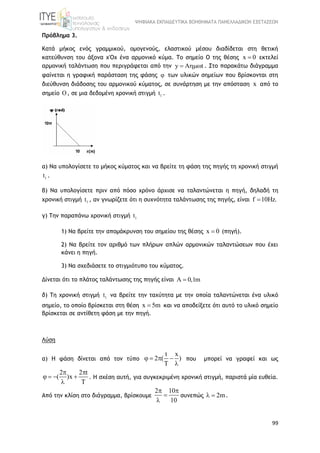 ΨΗΦΙΑΚΑ ΕΚΠΑΙΔΕΥΤΙΚΑ ΒΟΗΘΗΜΑΤΑ ΠΑΝΕΛΛΑΔΙΚΩΝ ΕΞΕΤΑΣΕΩΝ
99
Πρόβλημα 3.
Κατά μήκος ενός γραμμικού, ομογενούς, ελαστικού μέσου διαδίδεται στη θετική
κατεύθυνση του άξονα χ'Οχ ένα αρμονικό κύμα. Το σημείο Ο της θέσης x 0 εκτελεί
αρμονική ταλάντωση που περιγράφεται από την y A t  . Στο παρακάτω διάγραμμα
φαίνεται η γραφική παράσταση της φάσης  των υλικών σημείων που βρίσκονται στη
διεύθυνση διάδοσης του αρμονικού κύματος, σε συνάρτηση με την απόσταση x από το
σημείο O, σε μια δεδομένη χρονική στιγμή 1t .
α) Να υπολογίσετε το μήκος κύματος και να βρείτε τη φάση της πηγής τη χρονική στιγμή
1t .
β) Να υπολογίσετε πριν από πόσο χρόνο άρχισε να ταλαντώνεται η πηγή, δηλαδή τη
χρονική στιγμή 1t , αν γνωρίζετε ότι η συχνότητα ταλάντωσης της πηγής, είναι f 10Hz.
γ) Την παραπάνω χρονική στιγμή 1t
1) Να βρείτε την απομάκρυνση του σημείου της θέσης x 0 (πηγή).
2) Να βρείτε τον αριθμό των πλήρων απλών αρμονικών ταλαντώσεων που έχει
κάνει η πηγή.
3) Να σχεδιάσετε το στιγμιότυπο του κύματος.
Δίνεται ότι το πλάτος ταλάντωσης της πηγής είναι A 0,1m
δ) Τη χρονική στιγμή 1t να βρείτε την ταχύτητα με την οποία ταλαντώνεται ένα υλικό
σημείο, το οποίο βρίσκεται στη θέση x 5m και να αποδείξετε ότι αυτό το υλικό σημείο
βρίσκεται σε αντίθετη φάση με την πηγή.
Λύση
α) Η φάση δίνεται από τον τύπο
t x
2 ( )
T
   

που μπορεί να γραφεί και ως
2 2 t
( )x
T
 
   

. Η σχέση αυτή, για συγκεκριμένη χρονική στιγμή, παριστά μία ευθεία.
Από την κλίση στο διάγραμμα, βρίσκουμε
2 10
10
 


συνεπώς 2m  .
 