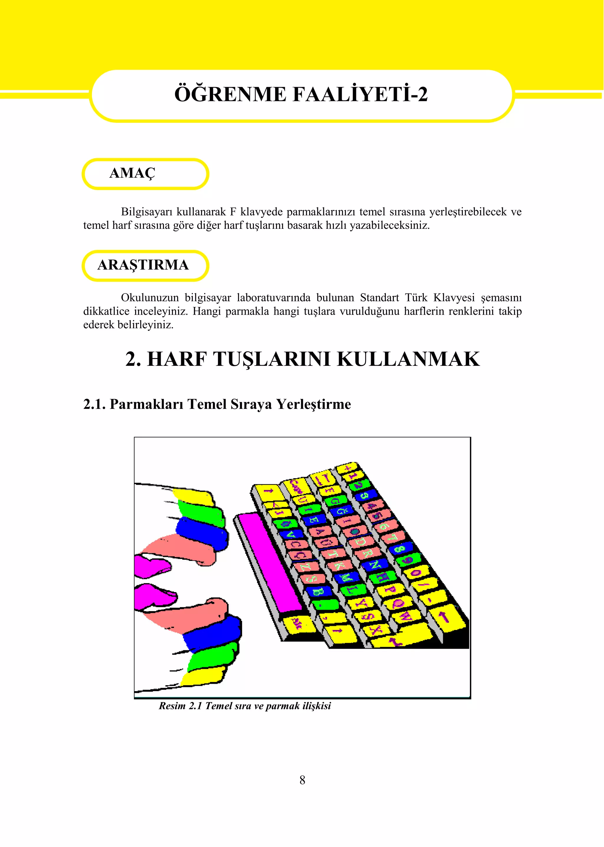 ÖĞRENME FAALİYETİ-2
                   ÖĞRENME FAALİYETİ-2
     AMAÇ

        Bilgisayarı kullanarak F klavyede parmaklarınızı temel sırasına yerleştirebilecek ve
temel harf sırasına göre diğer harf tuşlarını basarak hızlı yazabileceksiniz.


  ARAŞTIRMA

        Okulunuzun bilgisayar laboratuvarında bulunan Standart Türk Klavyesi şemasını
dikkatlice inceleyiniz. Hangi parmakla hangi tuşlara vurulduğunu harflerin renklerini takip
ederek belirleyiniz.


        2. HARF TUŞLARINI KULLANMAK

2.1. Parmakları Temel Sıraya Yerleştirme




               Resim 2.1 Temel sıra ve parmak ilişkisi




                                              8
 