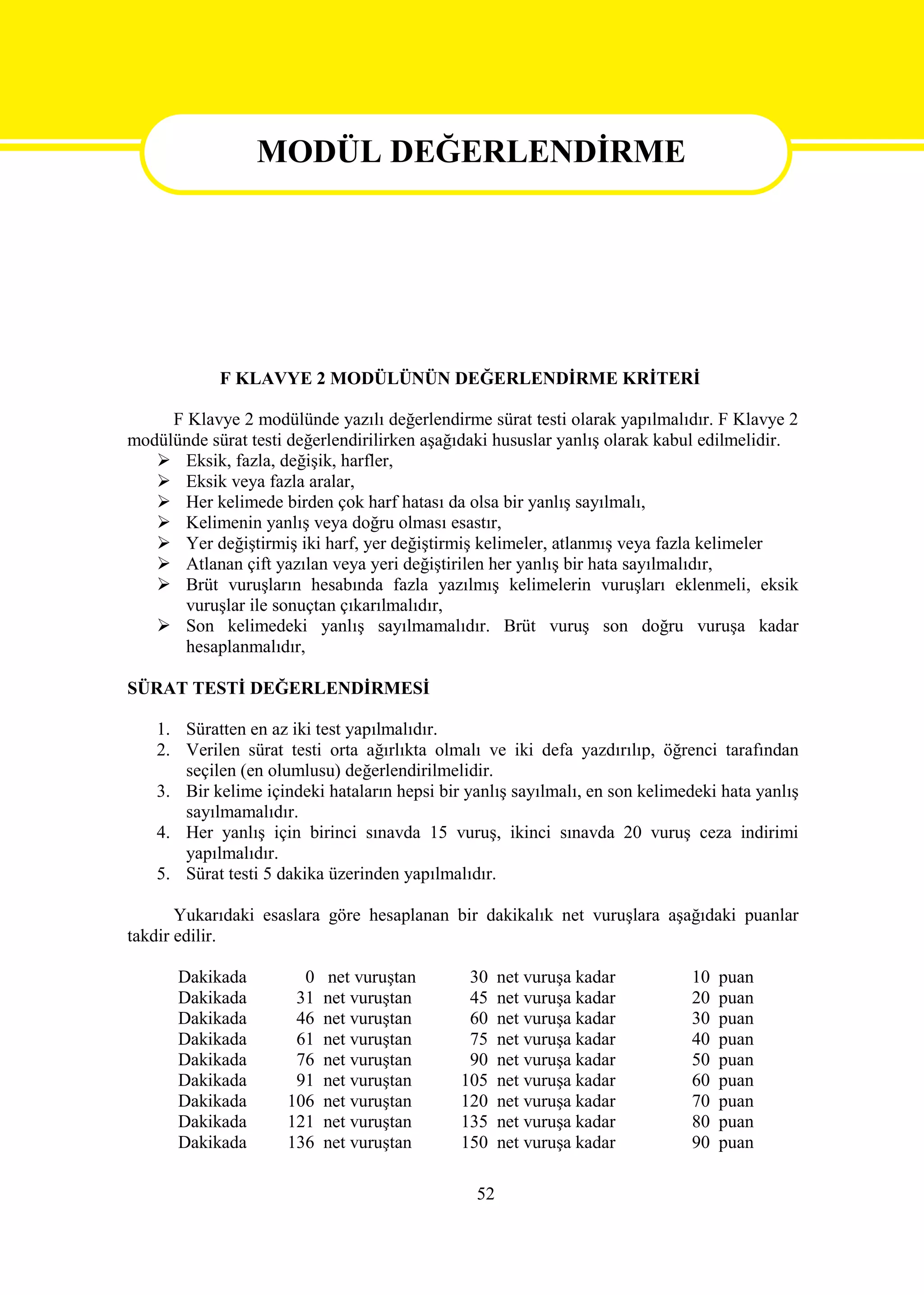 MODÜL DEĞERLENDİRME




                 MODÜL DEĞERLENDİRME
            F KLAVYE 2 MODÜLÜNÜN DEĞERLENDİRME KRİTERİ

     F Klavye 2 modülünde yazılı değerlendirme sürat testi olarak yapılmalıdır. F Klavye 2
modülünde sürat testi değerlendirilirken aşağıdaki hususlar yanlış olarak kabul edilmelidir.
    Eksik, fazla, değişik, harfler,
    Eksik veya fazla aralar,
    Her kelimede birden çok harf hatası da olsa bir yanlış sayılmalı,
    Kelimenin yanlış veya doğru olması esastır,
    Yer değiştirmiş iki harf, yer değiştirmiş kelimeler, atlanmış veya fazla kelimeler
    Atlanan çift yazılan veya yeri değiştirilen her yanlış bir hata sayılmalıdır,
    Brüt vuruşların hesabında fazla yazılmış kelimelerin vuruşları eklenmeli, eksik
       vuruşlar ile sonuçtan çıkarılmalıdır,
    Son kelimedeki yanlış sayılmamalıdır. Brüt vuruş son doğru vuruşa kadar
       hesaplanmalıdır,

SÜRAT TESTİ DEĞERLENDİRMESİ

    1. Süratten en az iki test yapılmalıdır.
    2. Verilen sürat testi orta ağırlıkta olmalı ve iki defa yazdırılıp, öğrenci tarafından
       seçilen (en olumlusu) değerlendirilmelidir.
    3. Bir kelime içindeki hataların hepsi bir yanlış sayılmalı, en son kelimedeki hata yanlış
       sayılmamalıdır.
    4. Her yanlış için birinci sınavda 15 vuruş, ikinci sınavda 20 vuruş ceza indirimi
       yapılmalıdır.
    5. Sürat testi 5 dakika üzerinden yapılmalıdır.

       Yukarıdaki esaslara göre hesaplanan bir dakikalık net vuruşlara aşağıdaki puanlar
takdir edilir.

      Dakikada          0    net vuruştan      30    net vuruşa kadar          10   puan
      Dakikada         31   net vuruştan       45    net vuruşa kadar          20   puan
      Dakikada         46   net vuruştan       60    net vuruşa kadar          30   puan
      Dakikada         61   net vuruştan       75    net vuruşa kadar          40   puan
      Dakikada         76   net vuruştan       90    net vuruşa kadar          50   puan
      Dakikada         91   net vuruştan      105    net vuruşa kadar          60   puan
      Dakikada        106   net vuruştan      120    net vuruşa kadar          70   puan
      Dakikada        121   net vuruştan      135    net vuruşa kadar          80   puan
      Dakikada        136   net vuruştan      150    net vuruşa kadar          90   puan

                                                52
 
