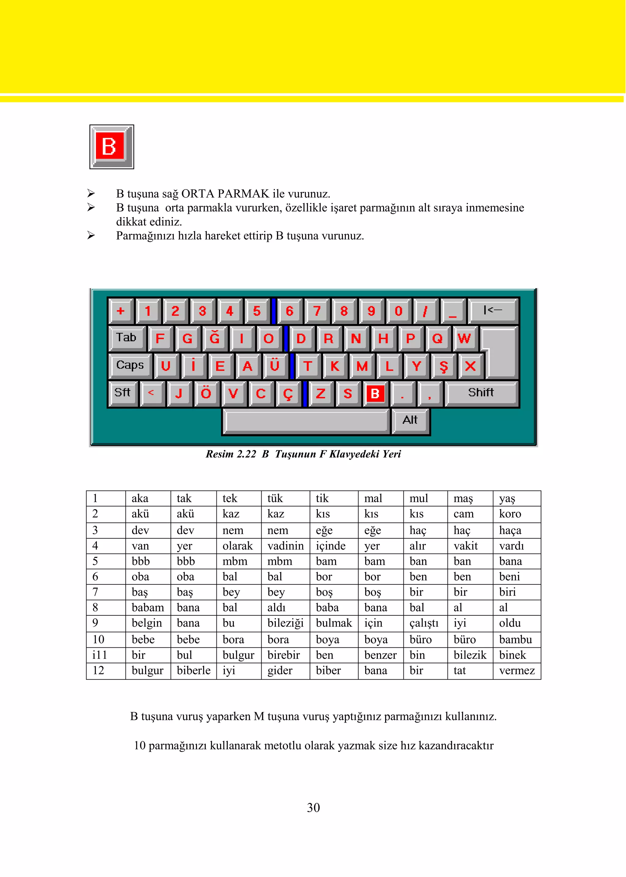      B tuşuna sağ ORTA PARMAK ile vurunuz.
     B tuşuna orta parmakla vururken, özellikle işaret parmağının alt sıraya inmemesine
      dikkat ediniz.
     Parmağınızı hızla hareket ettirip B tuşuna vurunuz.




                       Resim 2.22 B Tuşunun F Klavyedeki Yeri



1        aka      tak       tek      tük         tik      mal      mul       maş       yaş
2        akü      akü       kaz      kaz         kıs      kıs      kıs       cam       koro
3        dev      dev       nem      nem         eğe      eğe      haç       haç       haça
4        van      yer       olarak   vadinin     içinde   yer      alır      vakit     vardı
5        bbb      bbb       mbm      mbm         bam      bam      ban       ban       bana
6        oba      oba       bal      bal         bor      bor      ben       ben       beni
7        baş      baş       bey      bey         boş      boş      bir       bir       biri
8        babam    bana      bal      aldı        baba     bana     bal       al        al
9        belgin   bana      bu       bileziği    bulmak   için     çalıştı   iyi       oldu
10       bebe     bebe      bora     bora        boya     boya     büro      büro      bambu
i11      bir      bul       bulgur   birebir     ben      benzer   bin       bilezik   binek
12       bulgur   biberle   iyi      gider       biber    bana     bir       tat       vermez


        B tuşuna vuruş yaparken M tuşuna vuruş yaptığınız parmağınızı kullanınız.

         10 parmağınızı kullanarak metotlu olarak yazmak size hız kazandıracaktır




                                                30
 