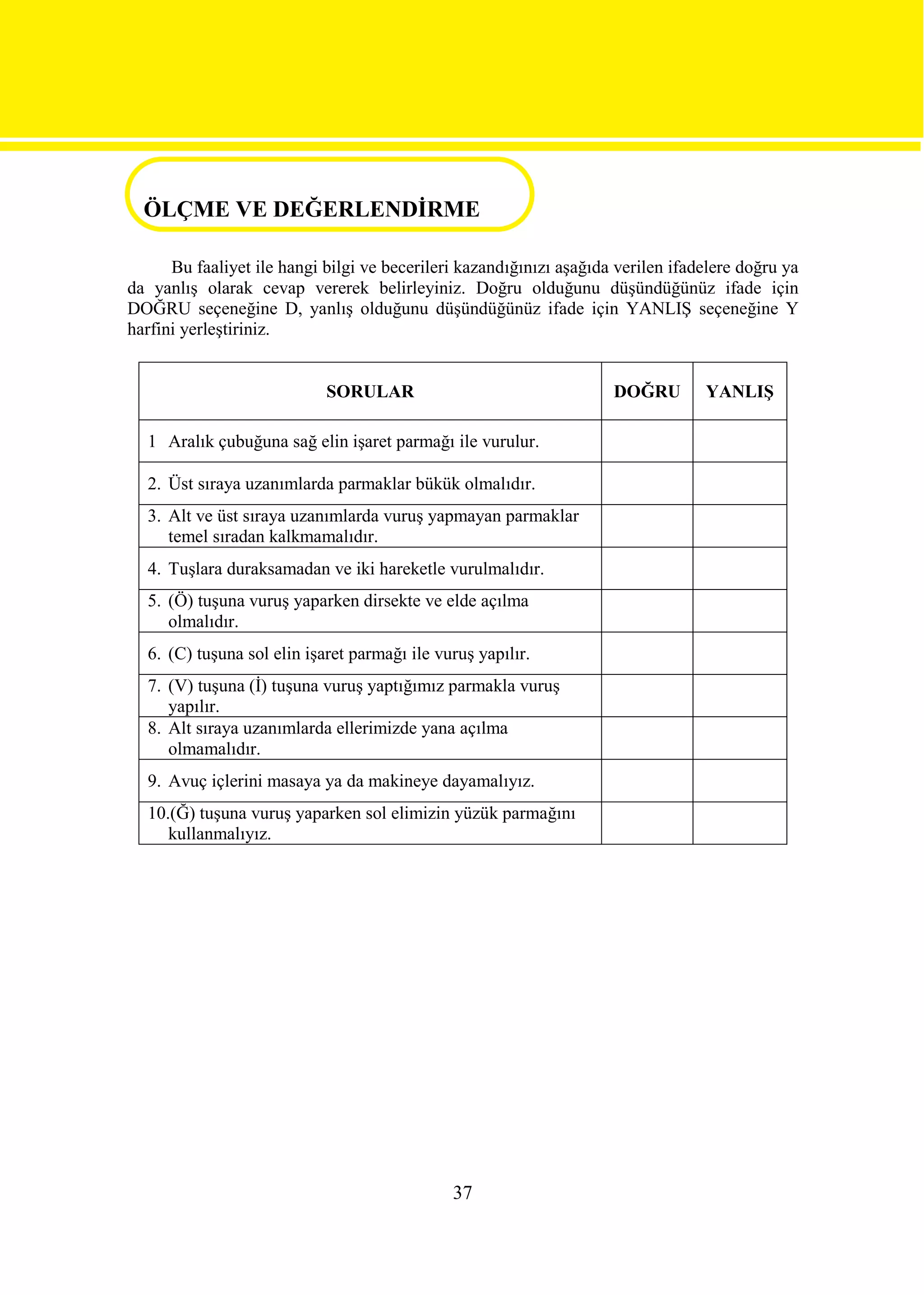 ÖLÇME VE DEĞERLENDİRME
ÖLÇME VE DEĞERLENDİRME
      Bu faaliyet ile hangi bilgi ve becerileri kazandığınızı aşağıda verilen ifadelere doğru ya
da yanlış olarak cevap vererek belirleyiniz. Doğru olduğunu düşündüğünüz ifade için
DOĞRU seçeneğine D, yanlış olduğunu düşündüğünüz ifade için YANLIŞ seçeneğine Y
harfini yerleştiriniz.


                            SORULAR                                  DOĞRU        YANLIŞ

  1 Aralık çubuğuna sağ elin işaret parmağı ile vurulur.

  2. Üst sıraya uzanımlarda parmaklar bükük olmalıdır.
  3. Alt ve üst sıraya uzanımlarda vuruş yapmayan parmaklar
     temel sıradan kalkmamalıdır.
  4. Tuşlara duraksamadan ve iki hareketle vurulmalıdır.
  5. (Ö) tuşuna vuruş yaparken dirsekte ve elde açılma
     olmalıdır.
  6. (C) tuşuna sol elin işaret parmağı ile vuruş yapılır.
  7. (V) tuşuna (İ) tuşuna vuruş yaptığımız parmakla vuruş
     yapılır.
  8. Alt sıraya uzanımlarda ellerimizde yana açılma
     olmamalıdır.
  9. Avuç içlerini masaya ya da makineye dayamalıyız.
  10.(Ğ) tuşuna vuruş yaparken sol elimizin yüzük parmağını
     kullanmalıyız.




                                              37
 