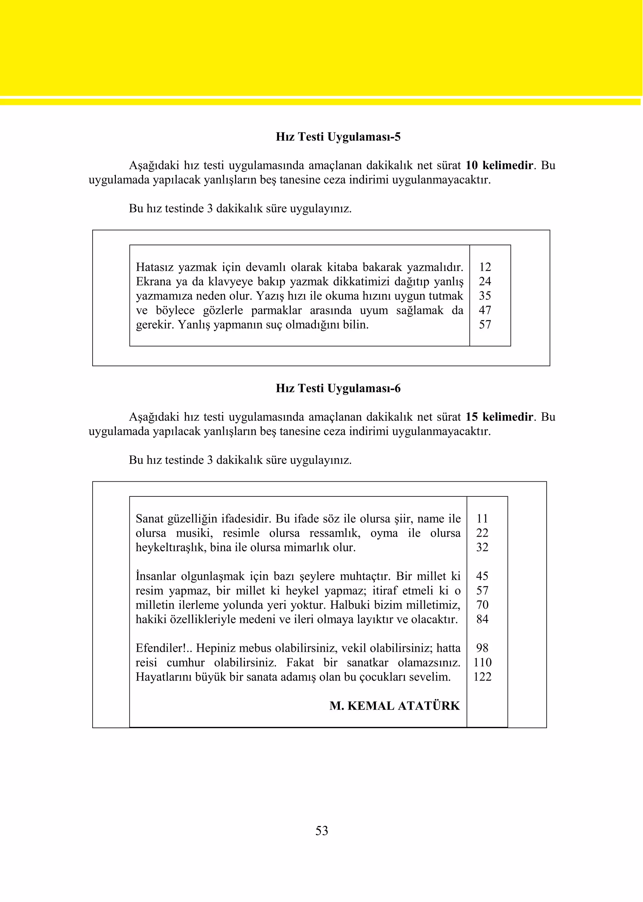 Hız Testi Uygulaması-5

       Aşağıdaki hız testi uygulamasında amaçlanan dakikalık net sürat 10 kelimedir. Bu
uygulamada yapılacak yanlışların beş tanesine ceza indirimi uygulanmayacaktır.

       Bu hız testinde 3 dakikalık süre uygulayınız.



        Hatasız yazmak için devamlı olarak kitaba bakarak yazmalıdır.         12
        Ekrana ya da klavyeye bakıp yazmak dikkatimizi dağıtıp yanlış         24
        yazmamıza neden olur. Yazış hızı ile okuma hızını uygun tutmak        35
        ve böylece gözlerle parmaklar arasında uyum sağlamak da               47
        gerekir. Yanlış yapmanın suç olmadığını bilin.                        57




                                    Hız Testi Uygulaması-6

       Aşağıdaki hız testi uygulamasında amaçlanan dakikalık net sürat 15 kelimedir. Bu
uygulamada yapılacak yanlışların beş tanesine ceza indirimi uygulanmayacaktır.

       Bu hız testinde 3 dakikalık süre uygulayınız.



        Sanat güzelliğin ifadesidir. Bu ifade söz ile olursa şiir, name ile   11
        olursa musiki, resimle olursa ressamlık, oyma ile olursa              22
        heykeltıraşlık, bina ile olursa mimarlık olur.                        32

        İnsanlar olgunlaşmak için bazı şeylere muhtaçtır. Bir millet ki       45
        resim yapmaz, bir millet ki heykel yapmaz; itiraf etmeli ki o         57
        milletin ilerleme yolunda yeri yoktur. Halbuki bizim milletimiz,      70
        hakiki özellikleriyle medeni ve ileri olmaya layıktır ve olacaktır.   84

        Efendiler!.. Hepiniz mebus olabilirsiniz, vekil olabilirsiniz; hatta 98
        reisi cumhur olabilirsiniz. Fakat bir sanatkar olamazsınız. 110
        Hayatlarını büyük bir sanata adamış olan bu çocukları sevelim.       122

                                                 M. KEMAL ATATÜRK




                                            53
 