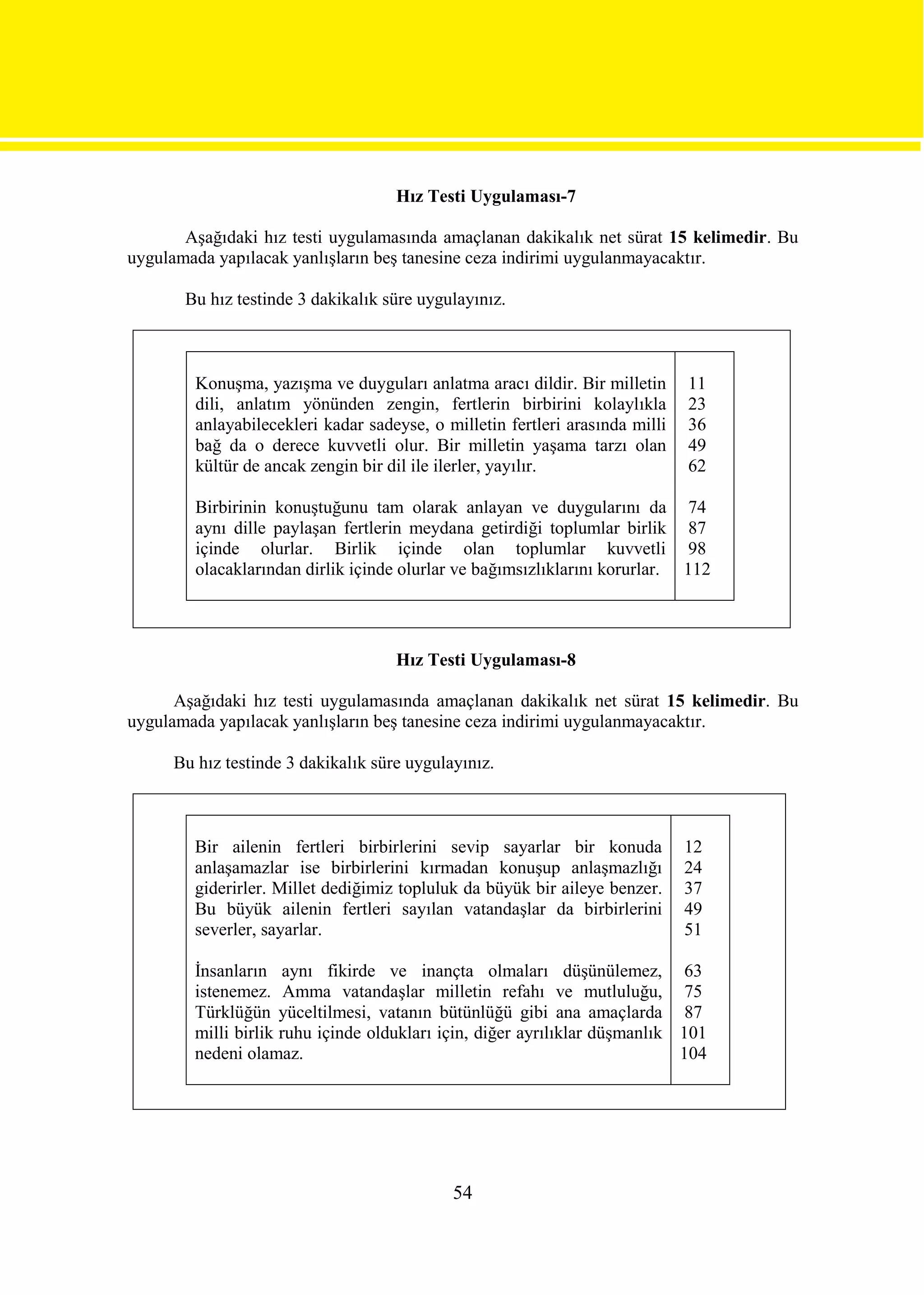 Hız Testi Uygulaması-7

       Aşağıdaki hız testi uygulamasında amaçlanan dakikalık net sürat 15 kelimedir. Bu
uygulamada yapılacak yanlışların beş tanesine ceza indirimi uygulanmayacaktır.

       Bu hız testinde 3 dakikalık süre uygulayınız.



        Konuşma, yazışma ve duyguları anlatma aracı dildir. Bir milletin      11
        dili, anlatım yönünden zengin, fertlerin birbirini kolaylıkla         23
        anlayabilecekleri kadar sadeyse, o milletin fertleri arasında milli   36
        bağ da o derece kuvvetli olur. Bir milletin yaşama tarzı olan         49
        kültür de ancak zengin bir dil ile ilerler, yayılır.                  62

        Birbirinin konuştuğunu tam olarak anlayan ve duygularını da 74
        aynı dille paylaşan fertlerin meydana getirdiği toplumlar birlik 87
        içinde olurlar. Birlik içinde olan toplumlar kuvvetli 98
        olacaklarından dirlik içinde olurlar ve bağımsızlıklarını korurlar. 112




                                    Hız Testi Uygulaması-8

      Aşağıdaki hız testi uygulamasında amaçlanan dakikalık net sürat 15 kelimedir. Bu
uygulamada yapılacak yanlışların beş tanesine ceza indirimi uygulanmayacaktır.

     Bu hız testinde 3 dakikalık süre uygulayınız.



        Bir ailenin fertleri birbirlerini sevip sayarlar bir konuda           12
        anlaşamazlar ise birbirlerini kırmadan konuşup anlaşmazlığı           24
        giderirler. Millet dediğimiz topluluk da büyük bir aileye benzer.     37
        Bu büyük ailenin fertleri sayılan vatandaşlar da birbirlerini         49
        severler, sayarlar.                                                   51

        İnsanların aynı fikirde ve inançta olmaları düşünülemez, 63
        istenemez. Amma vatandaşlar milletin refahı ve mutluluğu, 75
        Türklüğün yüceltilmesi, vatanın bütünlüğü gibi ana amaçlarda 87
        milli birlik ruhu içinde oldukları için, diğer ayrılıklar düşmanlık 101
        nedeni olamaz.                                                      104




                                            54
 