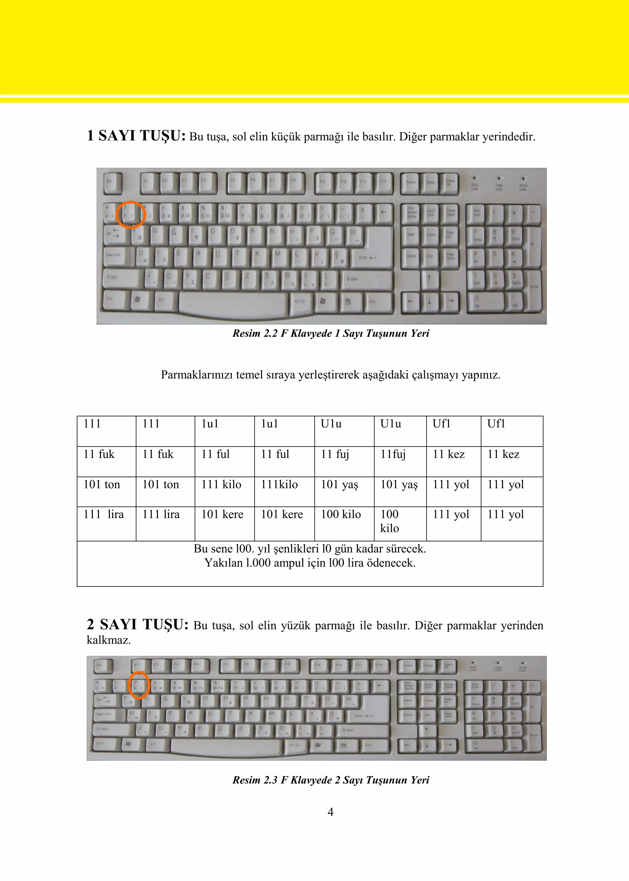 1 SAYI TUŞU: Bu tuşa, sol elin küçük parmağı ile basılır. Diğer parmaklar yerindedir.




                                  Resim 2.2 F Klavyede 1 Sayı Tuşunun Yeri


                 Parmaklarınızı temel sıraya yerleştirerek aşağıdaki çalışmayı yapınız.


111        111           1u1           1u1         U1u          U1u          Uf1       Uf1

11 fuk     11 fuk        11 ful        11 ful      11 fuj       11fuj        11 kez    11 kez

101 ton    101 ton       111 kilo      111kilo     101 yaş      101 yaş      111 yol   111 yol

111 lira   111 lira      101 kere      101 kere    100 kilo     100          111 yol   111 yol
                                                                kilo
                       Bu sene l00. yıl şenlikleri l0 gün kadar sürecek.
                        Yakılan l.000 ampul için l00 lira ödenecek.




2 SAYI TUŞU: Bu tuşa, sol elin yüzük parmağı ile basılır. Diğer parmaklar yerinden
kalkmaz.




                                  Resim 2.3 F Klavyede 2 Sayı Tuşunun Yeri

                                                     4
 