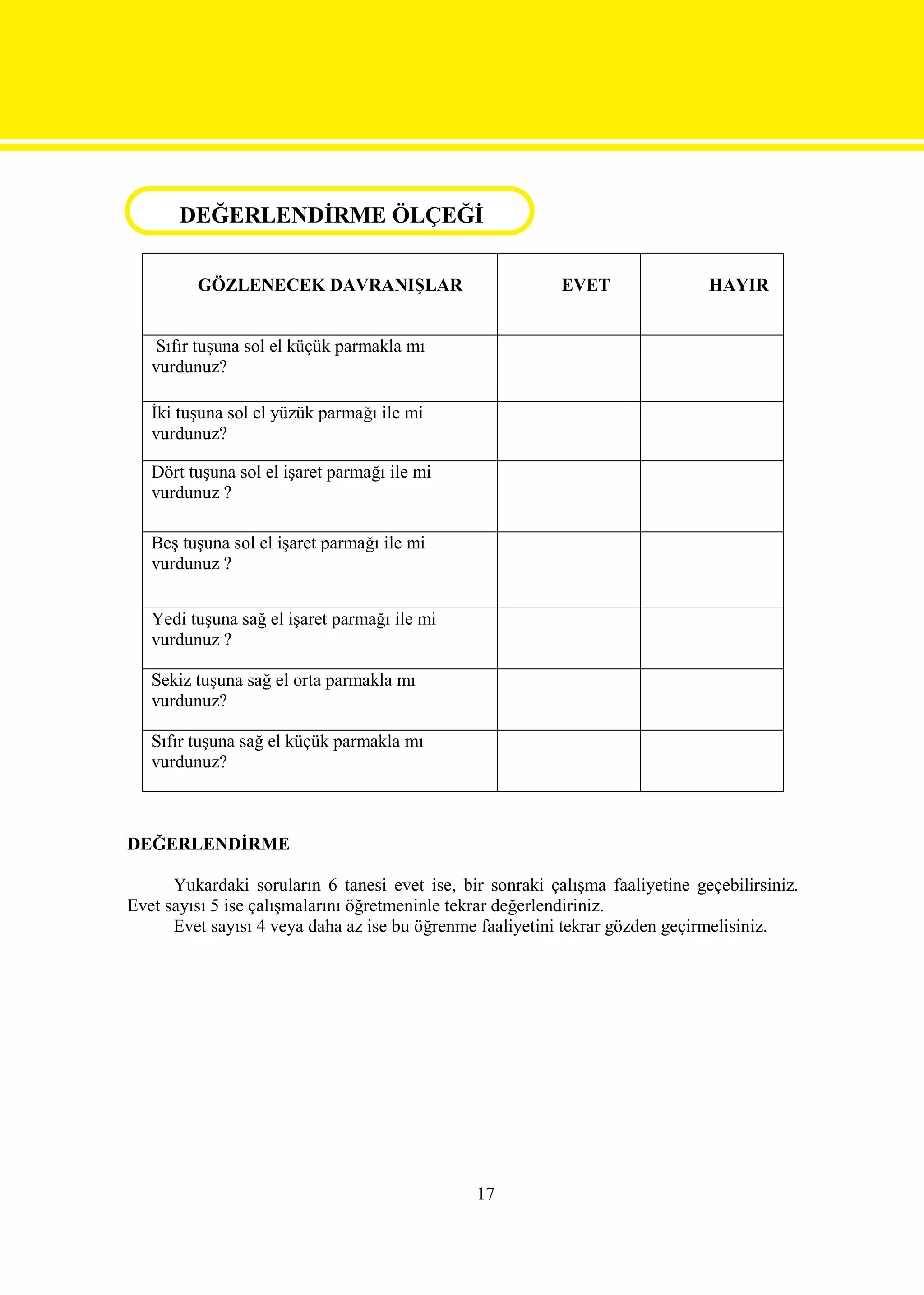 DEĞERLENDİRME ÖLÇEĞİ
DEĞERLENDİRME ÖLÇEĞİ

         GÖZLENECEK DAVRANIŞLAR                            EVET                HAYIR


    Sıfır tuşuna sol el küçük parmakla mı
   vurdunuz?

   İki tuşuna sol el yüzük parmağı ile mi
   vurdunuz?

   Dört tuşuna sol el işaret parmağı ile mi
   vurdunuz ?

   Beş tuşuna sol el işaret parmağı ile mi
   vurdunuz ?


   Yedi tuşuna sağ el işaret parmağı ile mi
   vurdunuz ?

   Sekiz tuşuna sağ el orta parmakla mı
   vurdunuz?

   Sıfır tuşuna sağ el küçük parmakla mı
   vurdunuz?



DEĞERLENDİRME

      Yukardaki soruların 6 tanesi evet ise, bir sonraki çalışma faaliyetine geçebilirsiniz.
Evet sayısı 5 ise çalışmalarını öğretmeninle tekrar değerlendiriniz.
      Evet sayısı 4 veya daha az ise bu öğrenme faaliyetini tekrar gözden geçirmelisiniz.




                                               17
 