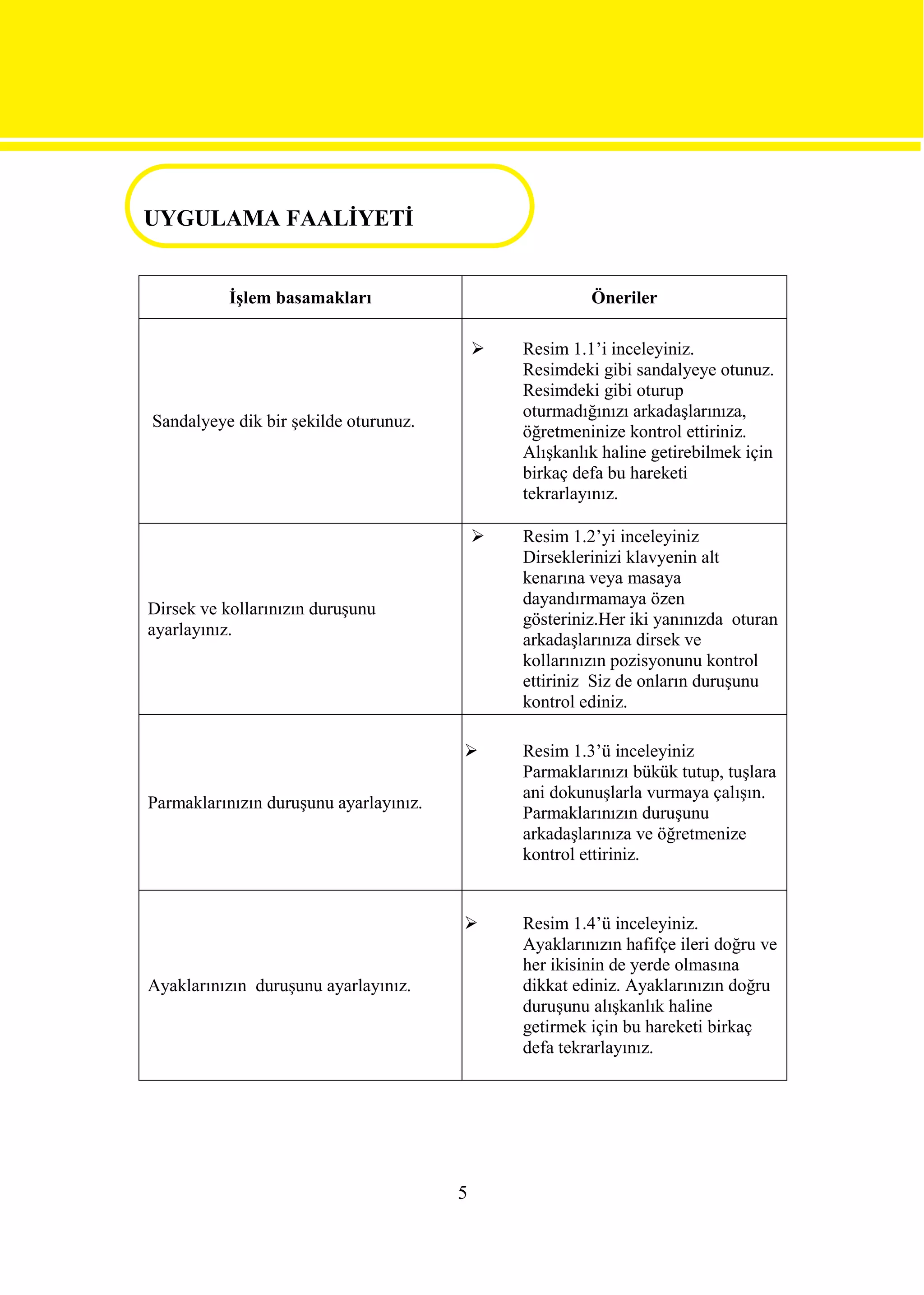 UYGULAMA FAALİYETİ
UYGULAMA FAALİYETİ
            İşlem basamakları                             Öneriler

                                                Resim 1.1’i inceleyiniz.
                                                 Resimdeki gibi sandalyeye otunuz.
                                                 Resimdeki gibi oturup
                                                 oturmadığınızı arkadaşlarınıza,
 Sandalyeye dik bir şekilde oturunuz.
                                                 öğretmeninize kontrol ettiriniz.
                                                 Alışkanlık haline getirebilmek için
                                                 birkaç defa bu hareketi
                                                 tekrarlayınız.

                                                Resim 1.2’yi inceleyiniz
                                                 Dirseklerinizi klavyenin alt
                                                 kenarına veya masaya
                                                 dayandırmamaya özen
 Dirsek ve kollarınızın duruşunu
                                                 gösteriniz.Her iki yanınızda oturan
 ayarlayınız.
                                                 arkadaşlarınıza dirsek ve
                                                 kollarınızın pozisyonunu kontrol
                                                 ettiriniz Siz de onların duruşunu
                                                 kontrol ediniz.

                                                Resim 1.3’ü inceleyiniz
                                                 Parmaklarınızı bükük tutup, tuşlara
                                                 ani dokunuşlarla vurmaya çalışın.
 Parmaklarınızın duruşunu ayarlayınız.
                                                 Parmaklarınızın duruşunu
                                                 arkadaşlarınıza ve öğretmenize
                                                 kontrol ettiriniz.


                                                Resim 1.4’ü inceleyiniz.
                                                 Ayaklarınızın hafifçe ileri doğru ve
                                                 her ikisinin de yerde olmasına
 Ayaklarınızın duruşunu ayarlayınız.             dikkat ediniz. Ayaklarınızın doğru
                                                 duruşunu alışkanlık haline
                                                 getirmek için bu hareketi birkaç
                                                 defa tekrarlayınız.




                                         5
 