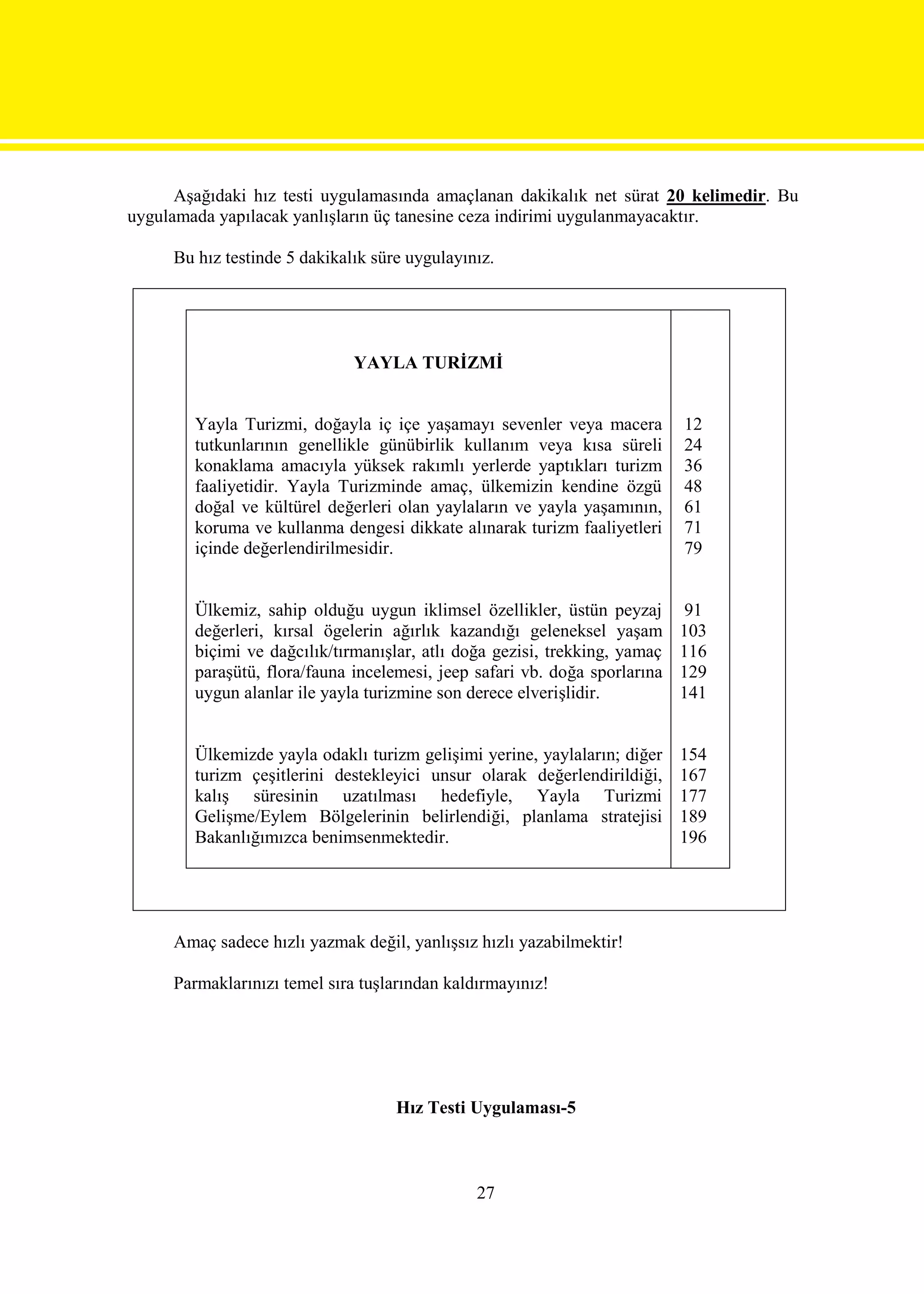 Aşağıdaki hız testi uygulamasında amaçlanan dakikalık net sürat 20 kelimedir. Bu
uygulamada yapılacak yanlışların üç tanesine ceza indirimi uygulanmayacaktır.

     Bu hız testinde 5 dakikalık süre uygulayınız.




                              YAYLA TURİZMİ


        Yayla Turizmi, doğayla iç içe yaşamayı sevenler veya macera         12
        tutkunlarının genellikle günübirlik kullanım veya kısa süreli       24
        konaklama amacıyla yüksek rakımlı yerlerde yaptıkları turizm        36
        faaliyetidir. Yayla Turizminde amaç, ülkemizin kendine özgü         48
        doğal ve kültürel değerleri olan yaylaların ve yayla yaşamının,     61
        koruma ve kullanma dengesi dikkate alınarak turizm faaliyetleri     71
        içinde değerlendirilmesidir.                                        79


        Ülkemiz, sahip olduğu uygun iklimsel özellikler, üstün peyzaj        91
        değerleri, kırsal ögelerin ağırlık kazandığı geleneksel yaşam       103
        biçimi ve dağcılık/tırmanışlar, atlı doğa gezisi, trekking, yamaç   116
        paraşütü, flora/fauna incelemesi, jeep safari vb. doğa sporlarına   129
        uygun alanlar ile yayla turizmine son derece elverişlidir.          141


        Ülkemizde yayla odaklı turizm gelişimi yerine, yaylaların; diğer    154
        turizm çeşitlerini destekleyici unsur olarak değerlendirildiği,     167
        kalış süresinin uzatılması hedefiyle, Yayla Turizmi                 177
        Gelişme/Eylem Bölgelerinin belirlendiği, planlama stratejisi        189
        Bakanlığımızca benimsenmektedir.                                    196




     Amaç sadece hızlı yazmak değil, yanlışsız hızlı yazabilmektir!

     Parmaklarınızı temel sıra tuşlarından kaldırmayınız!




                                    Hız Testi Uygulaması-5



                                               27
 