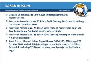 DASAR HUKUM
Dinas Kependudukan Dan Pencatatan Sipil Kota Tanjungpinang   http://disduktpi.com


      Undang-Undang No. 23 tahun 2006 Tentang Administrasi
      Kependudukan.
      Peraturan Pemerintah No. 37 Tahun 2007 Tentang Pelaksanaan Undang-
      Undang No. 23 Tahun 2006.
      Peraturan Presiden No. 25 Tahun 2008 Tentang Persyaratan dan Tata
      Cara Pendaftaran Penduduk dan Pencatatan Sipil.
      Peraturan Presiden No. 26 Tahun 2009 Tentang Penerapan KTP Berbasis
      NIK Secara Nasional.
      Surat Edaran Menteri dalam Negeri Nomor 562/4326/ MD tanggal 22
      Oktober 2008 perihal Kebijakan Departemen Dalam Negeri di Bidang
      Adminduk terhadap TKI Deportasi yang akan bekerja kembali ke luar
      negeri.


                                                                                    3
 