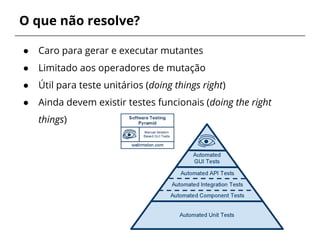 O que não resolve? 
● Caro para gerar e executar mutantes 
● Limitado aos operadores de mutação 
● Útil para teste unitários (doing things right) 
● Ainda devem existir testes funcionais (doing the right 
things) 
 