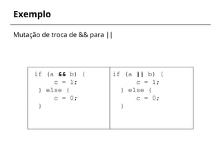 Exemplo 
Mutação de troca de && para || 
if (a && b) { 
c = 1; 
} else { 
c = 0; 
} 
if (a || b) { 
c = 1; 
} else { 
c = 0; 
} 
 