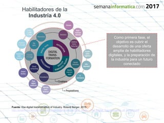 Habilitadores de la
Industria 4.0
Fuente: The digital transformation of Industry. Roland Berger, 2015
http://english.bdi.eu/media/topics/europe/publications/201503_Study__The_Digital_Transformation_of_Industry.pdf
Como primera fase, el
objetivo es cubrir el
desarrollo de una oferta
amplia de habilitadores
digitales, y la preparación de
la industria para un futuro
conectado
 